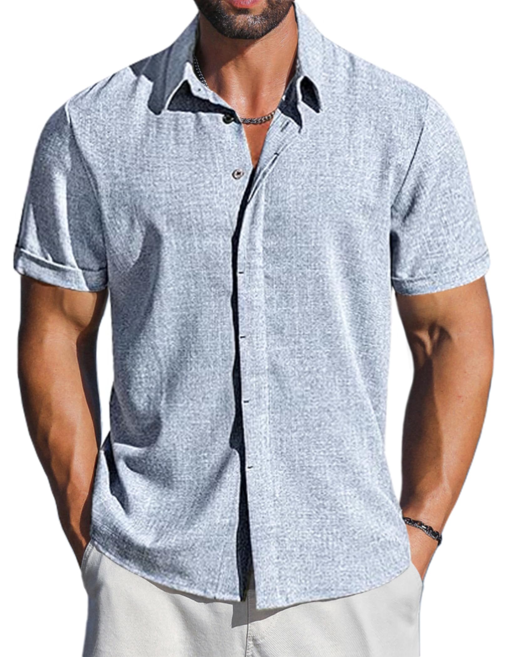 LETSEE Men's Linen Shirts - Short Sleeve Button Down Casual Dress Shirts for Summer, Beach Vacation & Outdoor Activities - Breathable Lightweight Fashion Shirt for Men
