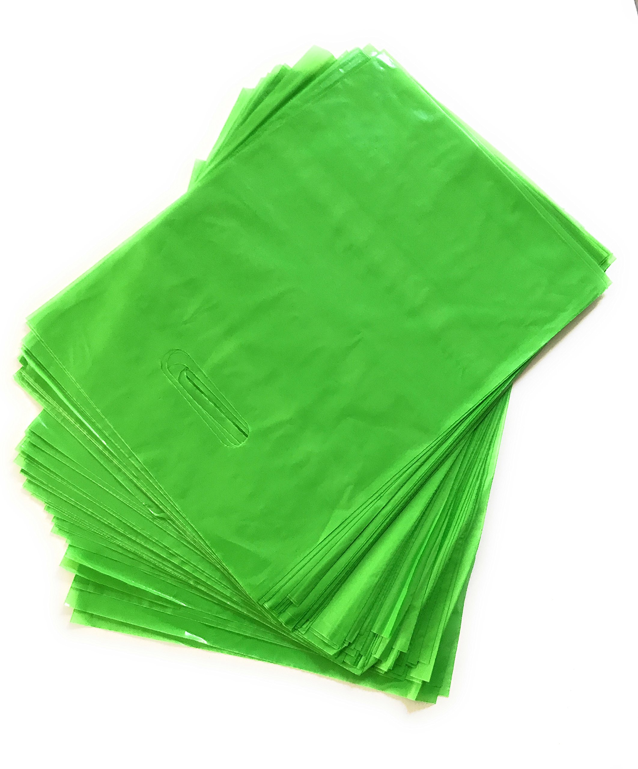 100 Pack 9x12 Inch Green Merchandise Bags with Die-Cut Handles - Strong, Durable & Tear-Resistant Shopping Bags for Retail Stores, Boutiques, Events & Gift Packaging
