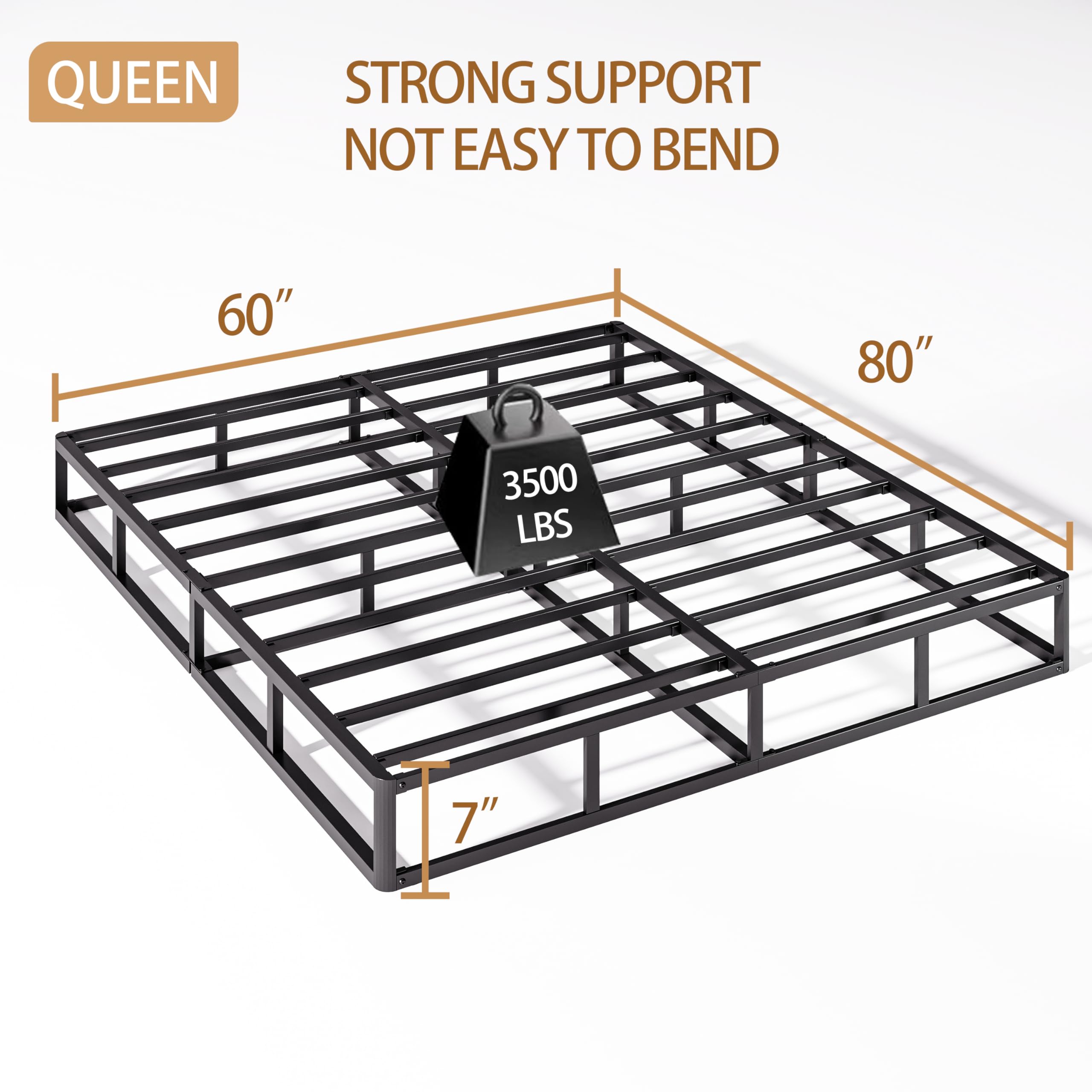 7 Inch Queen Box Spring - Heavy Duty Metal Frame with Fabric Cover, 3500lbs Max Weight Capacity, Easy Assembly Mattress Foundation - Perfect for Bedroom, Guest Room, and Dormitory Use