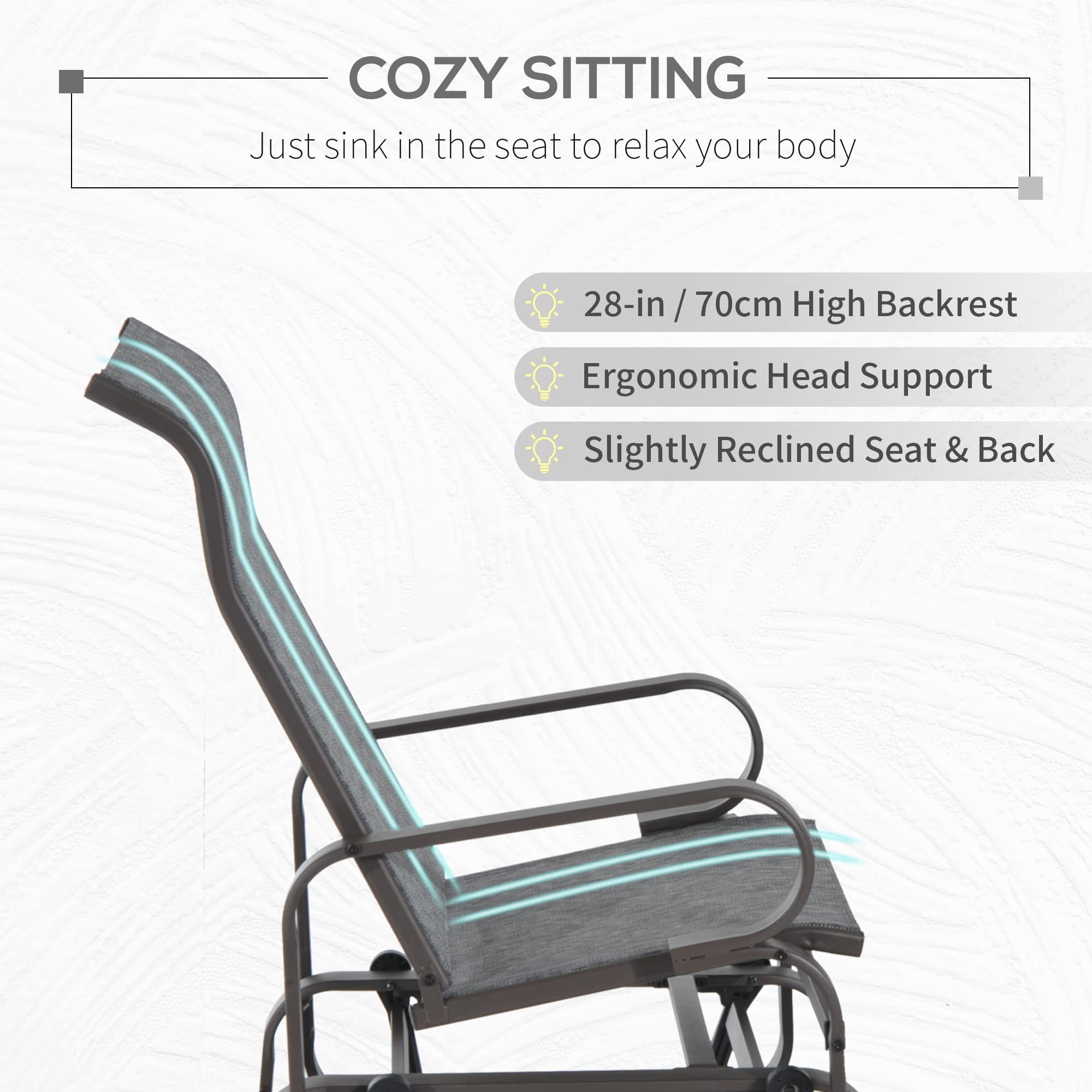 Outsunny Outdoor Glider Chair with Smooth Rocking Mechanism - Lightweight Patio Swing Chair for Backyard, Garden & Porch - Weather-Resistant Gray Gliding Bench (Perfect for Relaxing, Reading & Enjoying Nature)