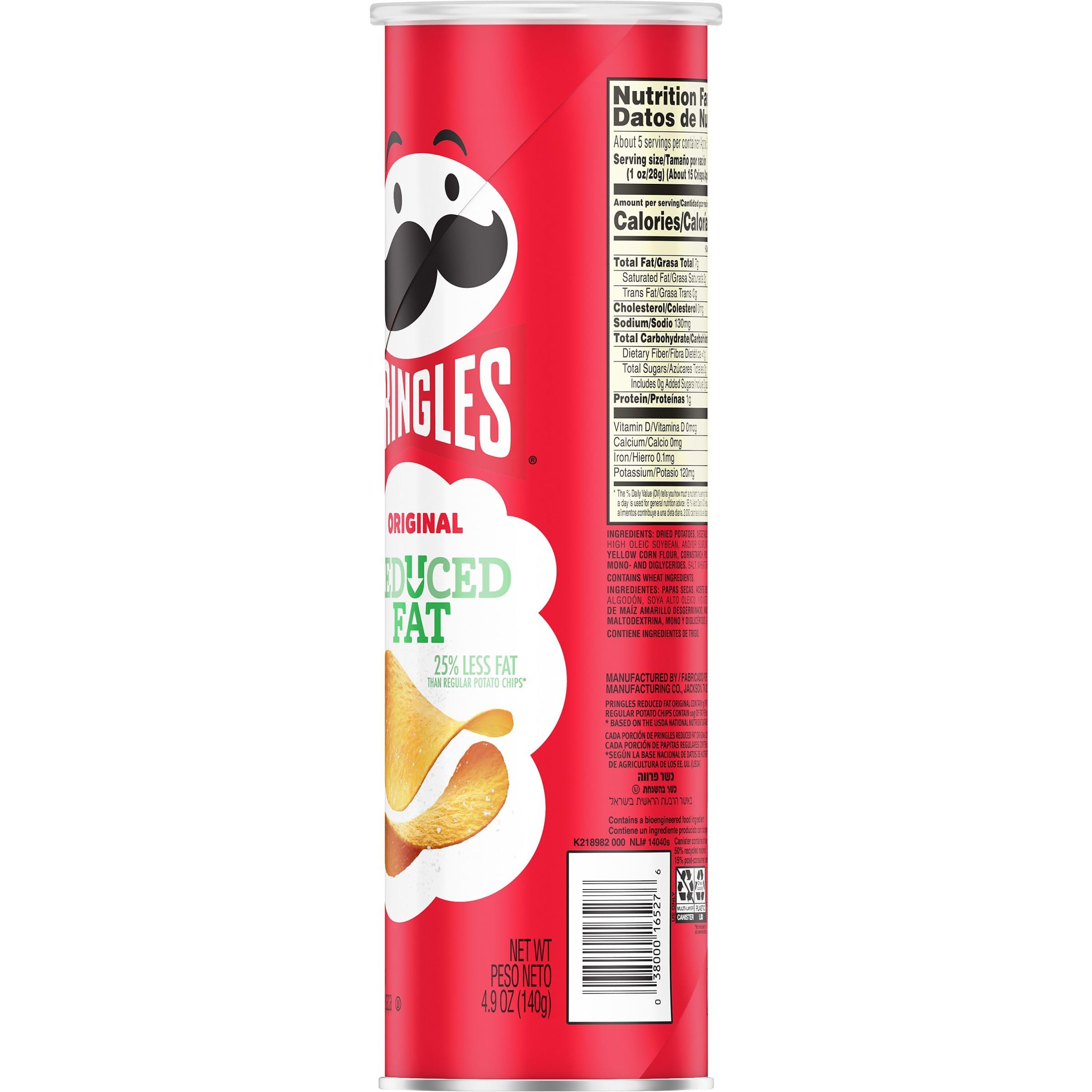Pringles Reduced Fat Potato Crisps Chips - 4.9oz Can (Pack of 1) | Healthy Lunch Snacks, On-The-Go Snacking for Work, School & Travel | Low Fat Crunchy Treat
