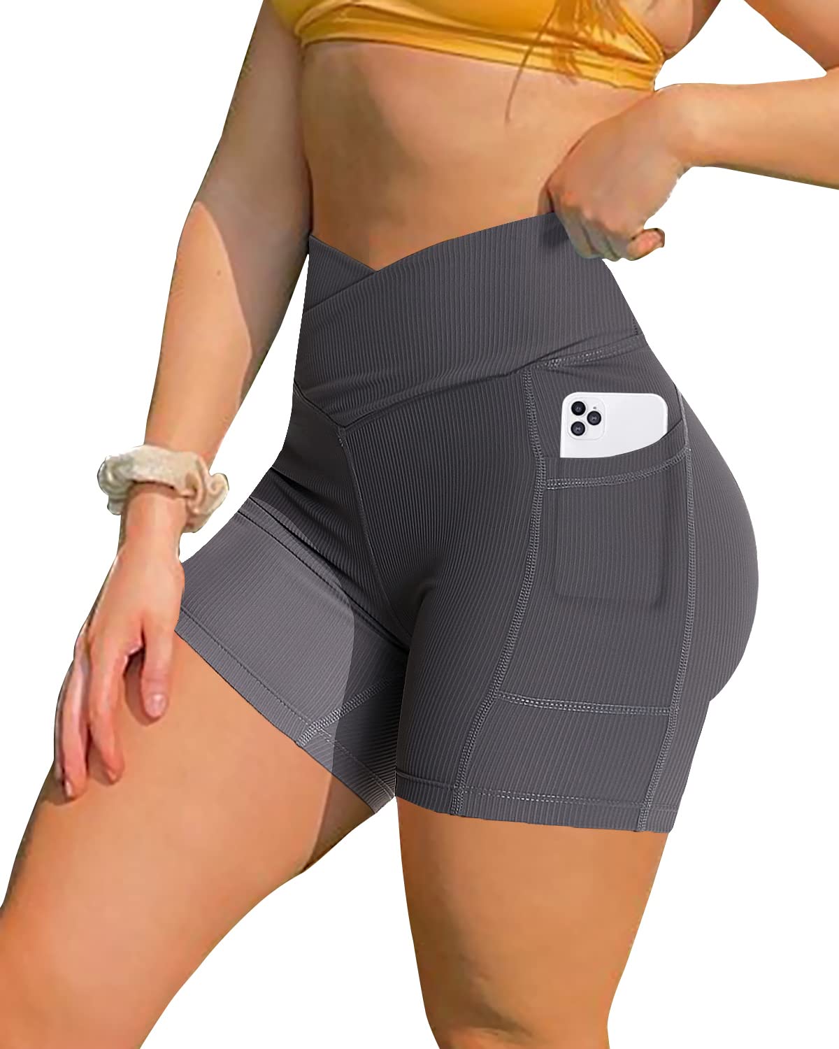 FITTOO Women's High Waisted Ribbed Biker Shorts with Pockets - Workout Gym Yoga Running Shorts for Women | Perfect for Cycling, Fitness & Lounge Wear