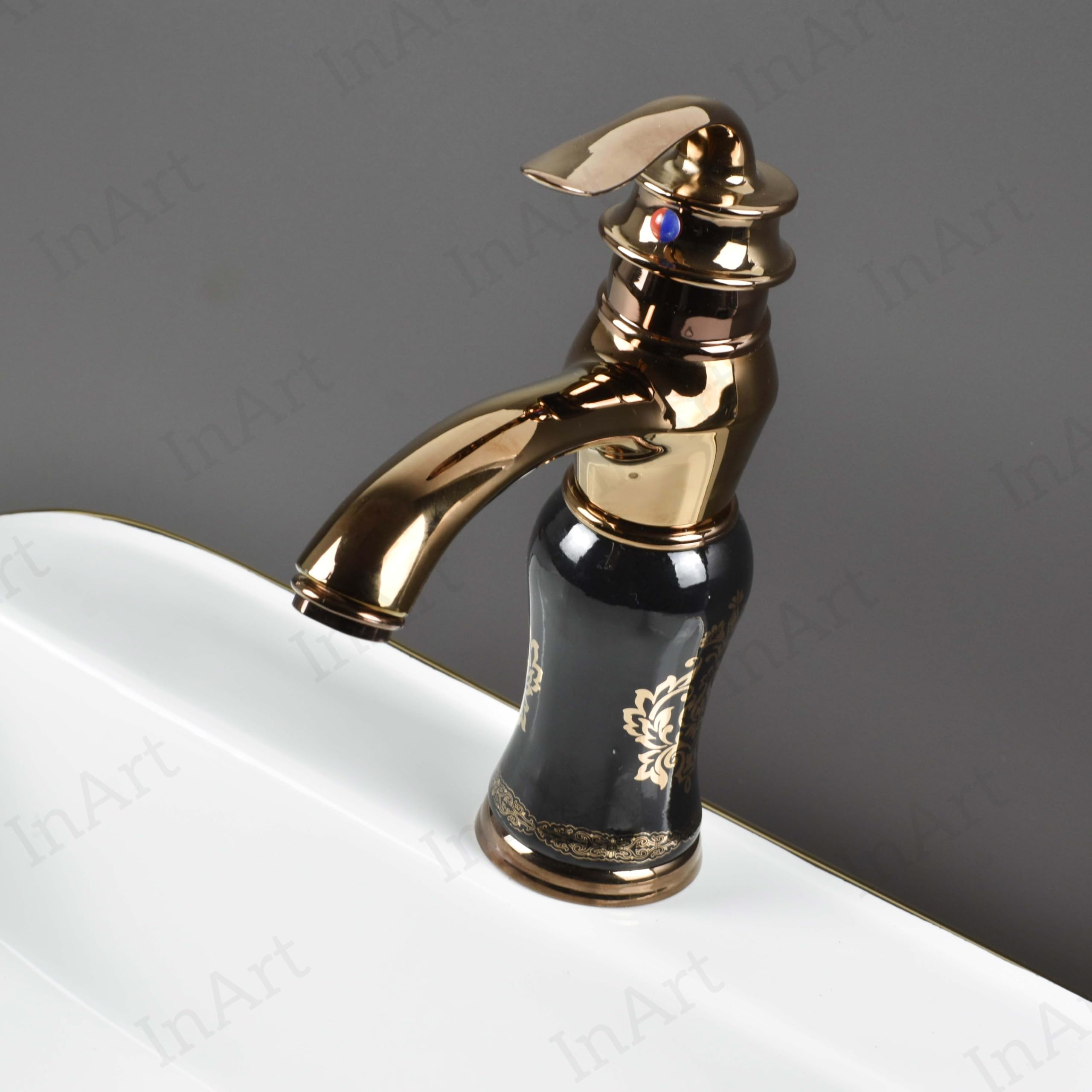 Elegant Black Rose Gold Basin Pillar Cock Faucet - Single Handle Waterfall Mixer Tap for Hot & Cold Water, Table or Deck Mount - Perfect for Modern Bathroom & Wash Basin Vanity Decor