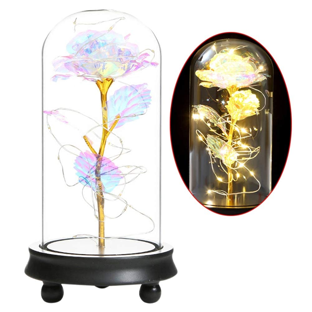 Colorful Plated Rose Flower in Glass Dome with LED Lights - Beauty and The Beast Inspired Wooden Base | Romantic Home Decor, Birthday Gift for Mom, Valentine's Day Present, Wedding Anniversary Keepsake