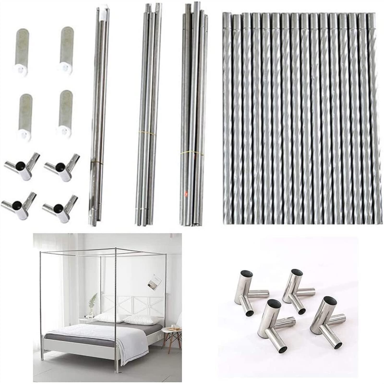 Stainless Steel Mosquito Net Frame with Spiral Pattern - Bed Canopy Bracket for Single/Double/King/Super King Size Beds - 24mm Thick 4 Corner Posts - Perfect for Bedroom, Outdoor Camping & Travel (1x2m)