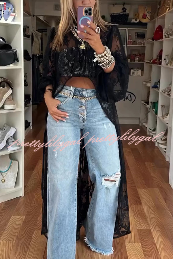 Tanya Lace Pattern Mock Neck Balloon Sleeve High-Low Maxi Top Women's Fashion Blouse | Elegant Lace Design for Parties, Weddings & Special Occasions
