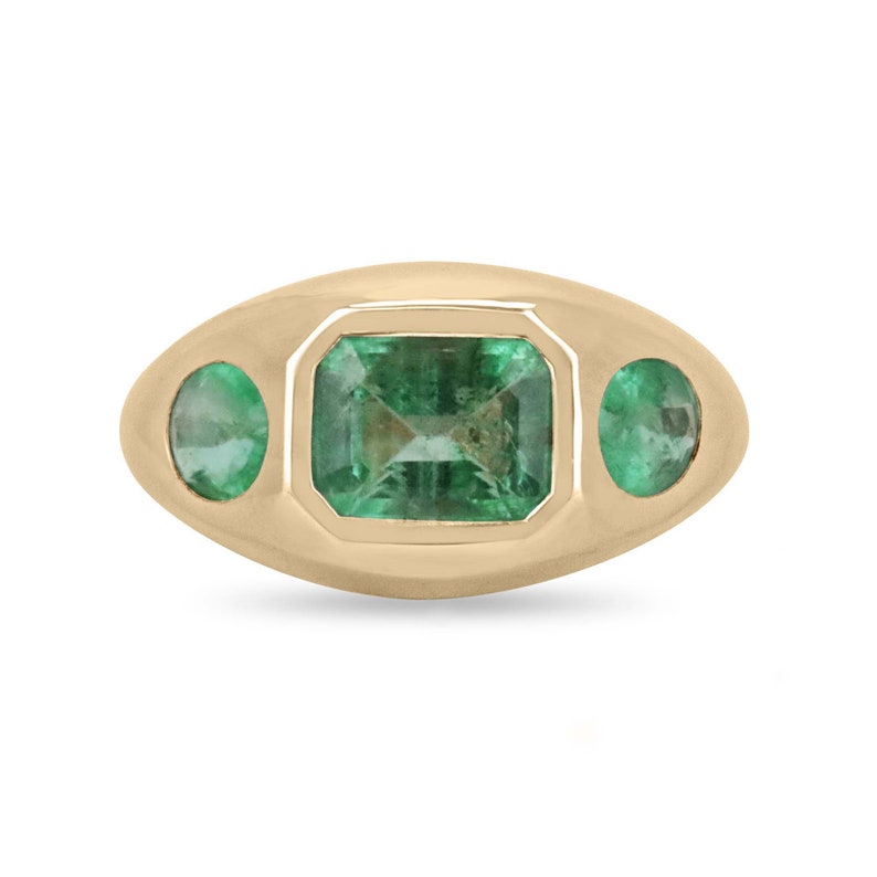 3.11tcw 14K Gold Emerald Ring with Oval Cut Trilogy Stones - Medium Green East-West Setting for Engagement, Anniversary & Special Occasions