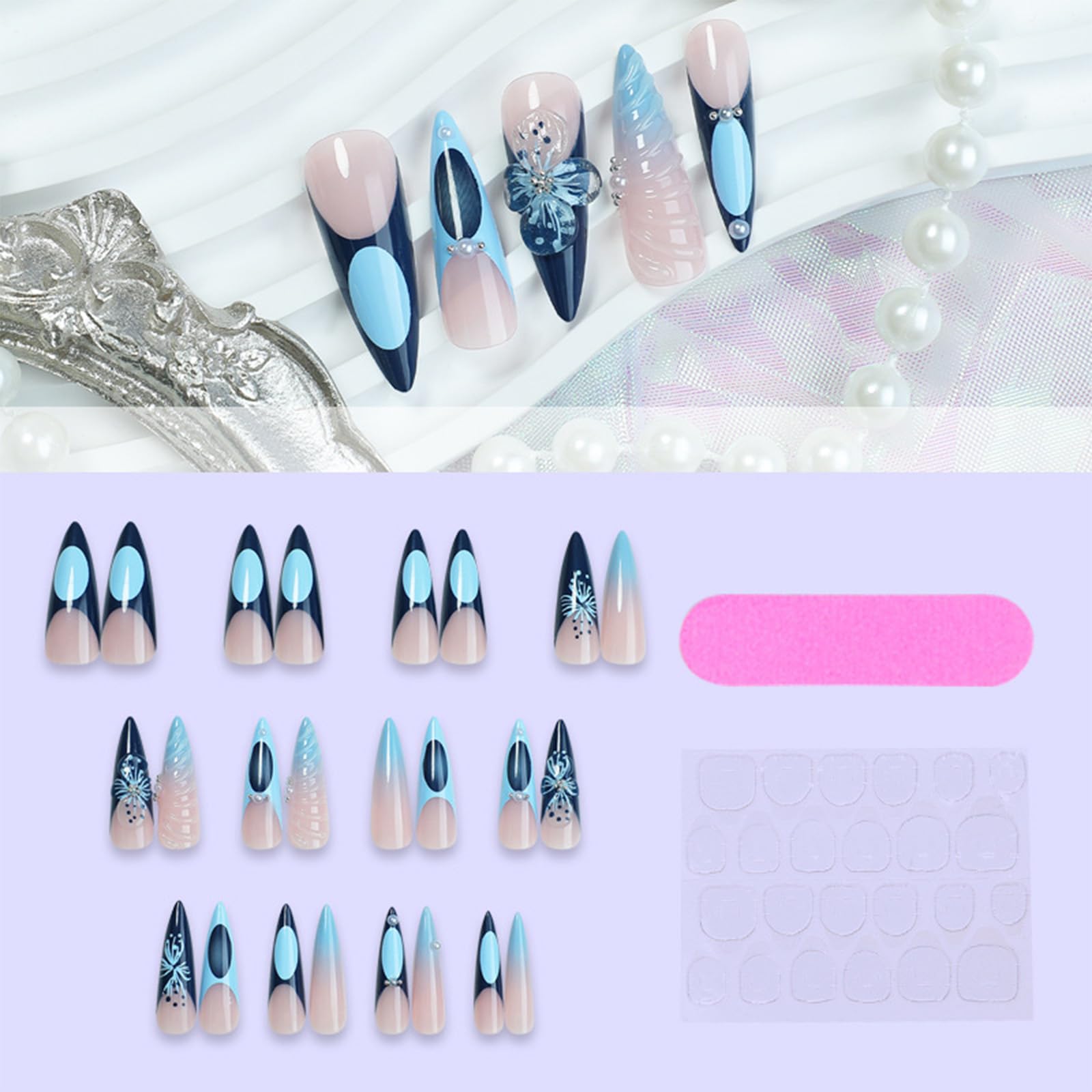 Blue French Tip Press on Nails - 24PCS 3D Floral Acrylic Fake Nails with Glossy Gradient & Pearl Accents | Long Stiletto Shape, Curve Line Design | Easy Glue-On False Nails for Women & Girls | Perfect for Parties, Weddings, and Special Occasions