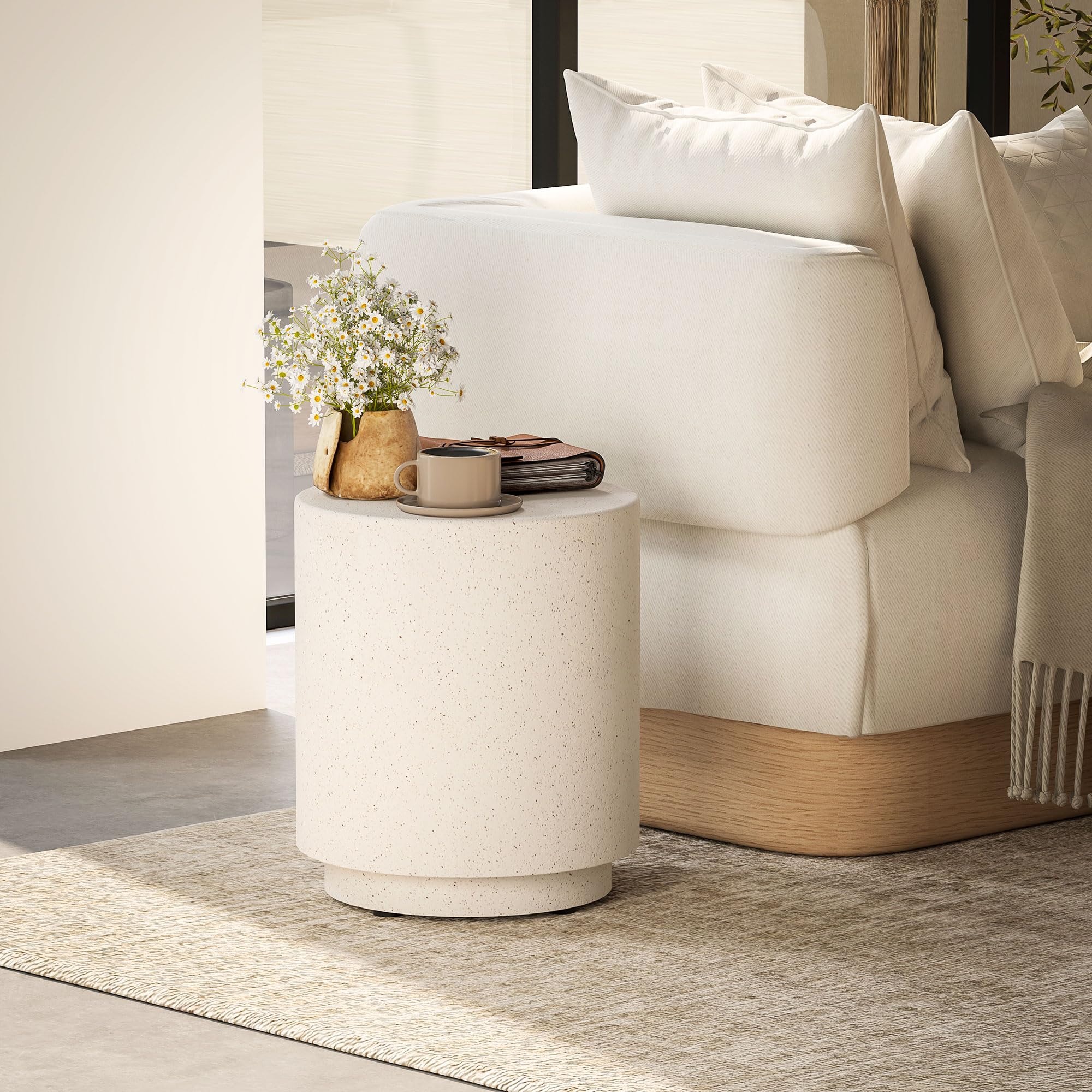 HOMCOM Round Side Table - Lightweight Accent Table with Terrazzo Finish, Adjustable Feet for Living Room, Bedroom, Patio - Cream White End Table for Home Decor & Outdoor Use