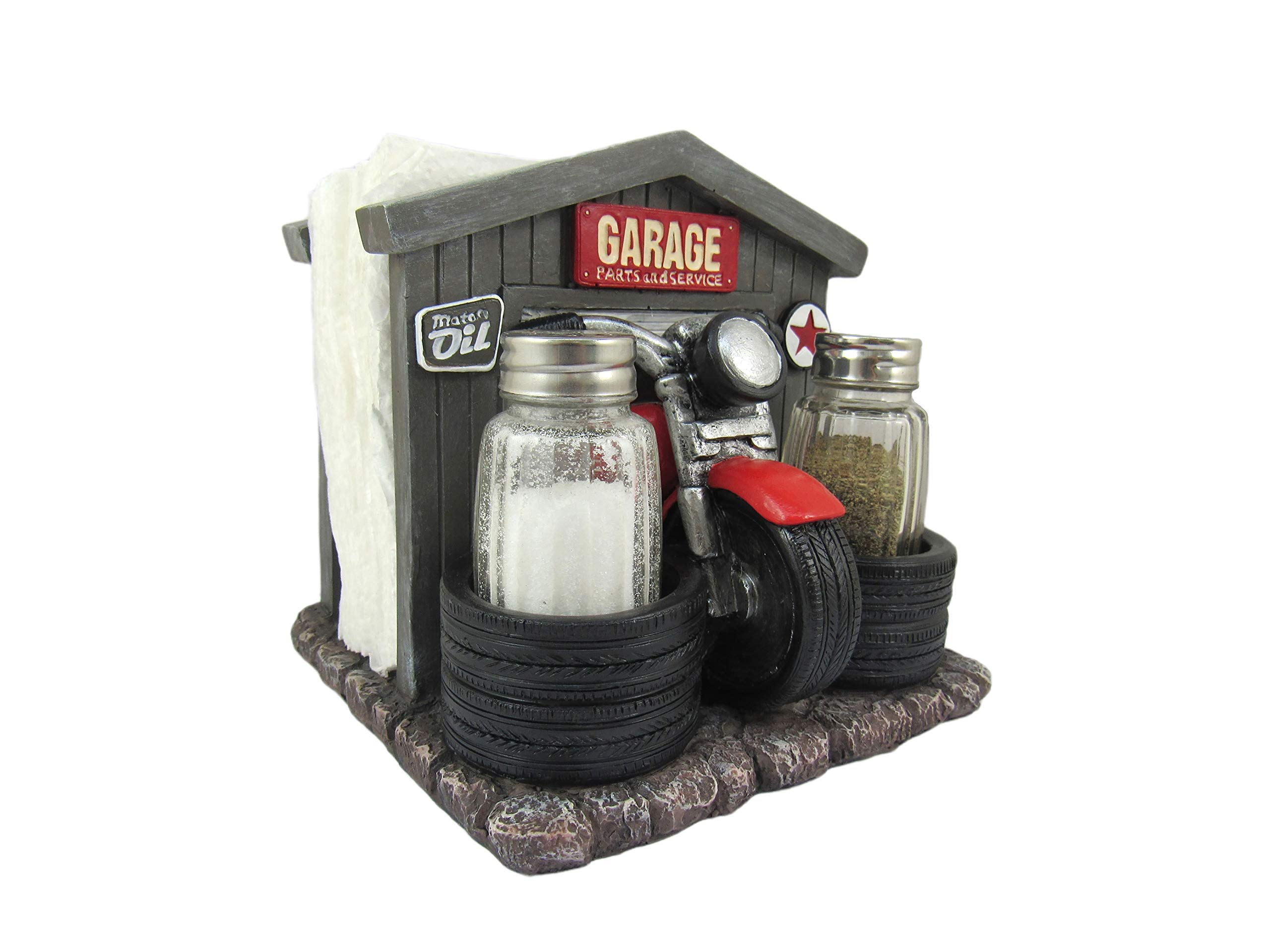 DWK 'Cycle Service' Motorcycle-Themed Napkin Holder & Salt & Pepper Shaker Set - 3-Piece Kitchen Table Decor for Biker Enthusiasts | Perfect for Motorcycle-Themed Parties, Man Caves & Roadhouse Restaurants