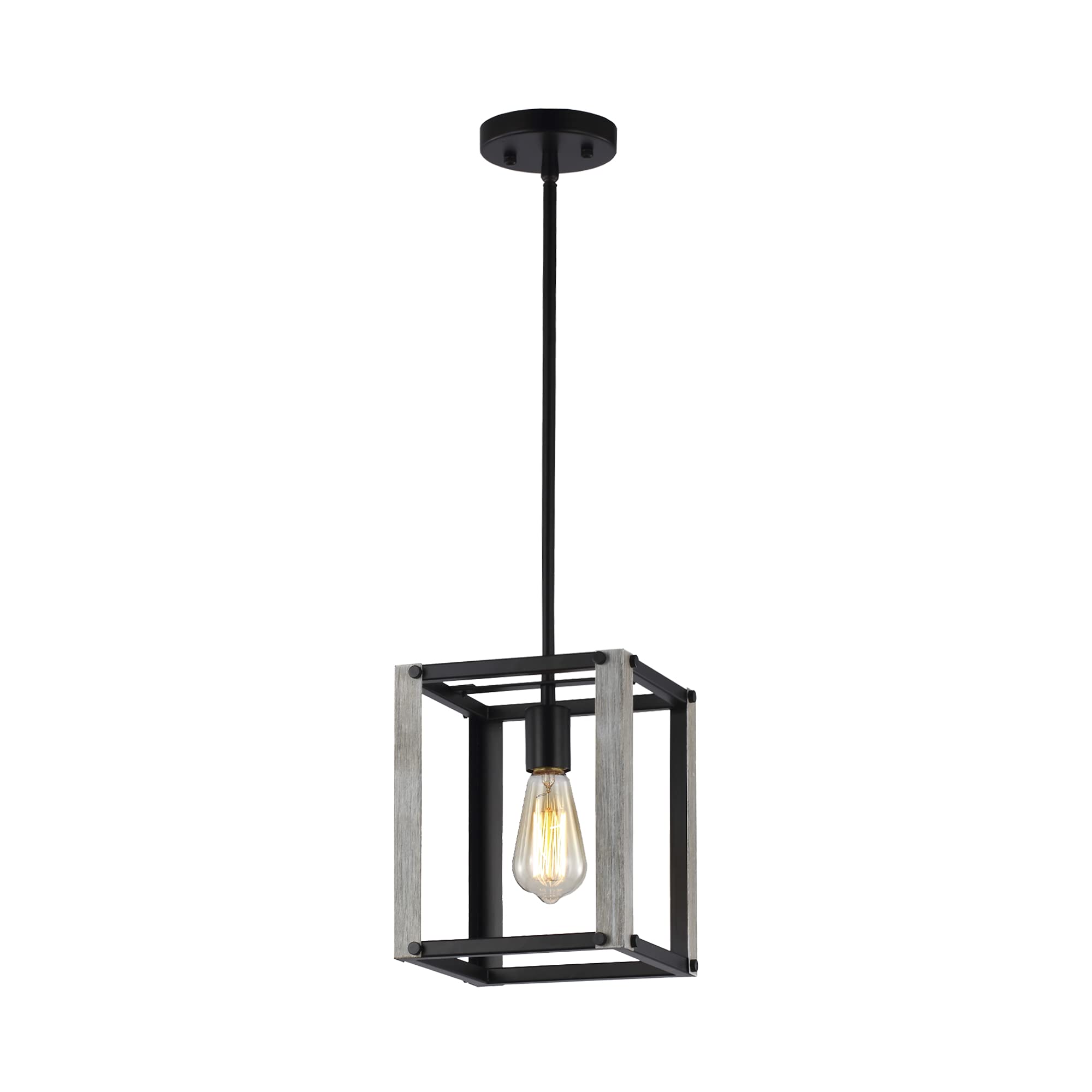Rustic Farmhouse Pendant Light with Metal Cage - One-Light Industrial Pendant Lamp Fixture for Kitchen Island, Dining Room, Cafe & Bar - Antique Wood & Matte Black Finish - Perfect for Farmhouse, Industrial & Vintage Home Decor