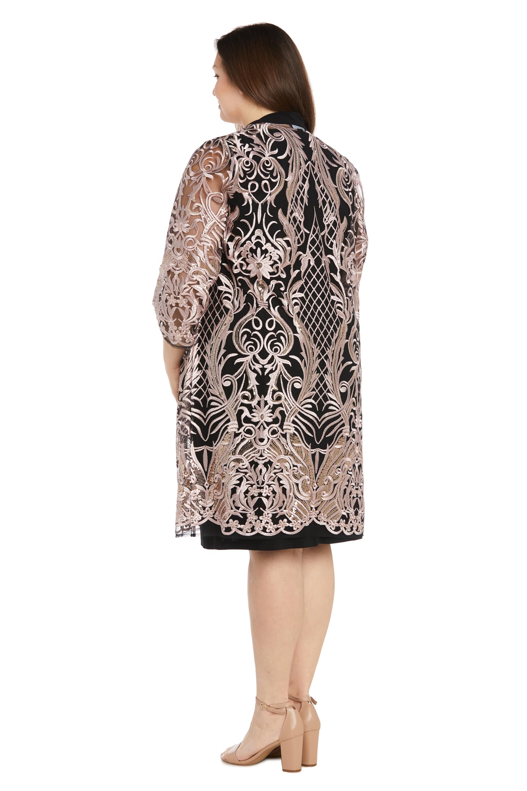 R&M Richards 2-Piece Contrast Duster Jacket Dress with Embroidery & Sequin Embellishments - Elegant Women's Formal Outfit for Weddings, Parties & Special Occasions