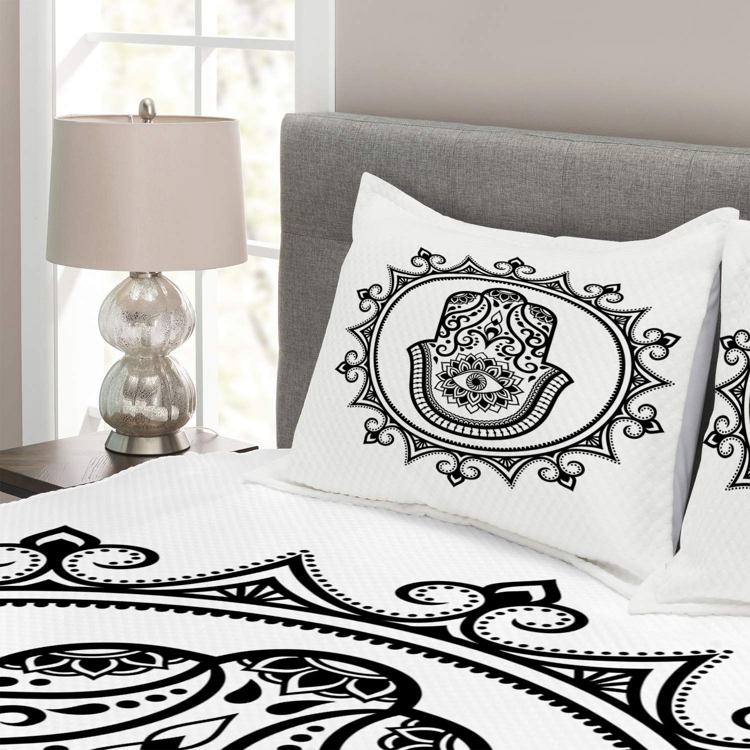 Ambesonne Evil Eye Bedspread Set - Hamsa Hand with Evil Eye Mandala Design, 3-Piece Decorative Bedding Coverlet & 2 Pillow Shams, King Size, White & Black - Perfect for Boho Bedroom Decor, Spiritual Protection & Unique Gift Ideas