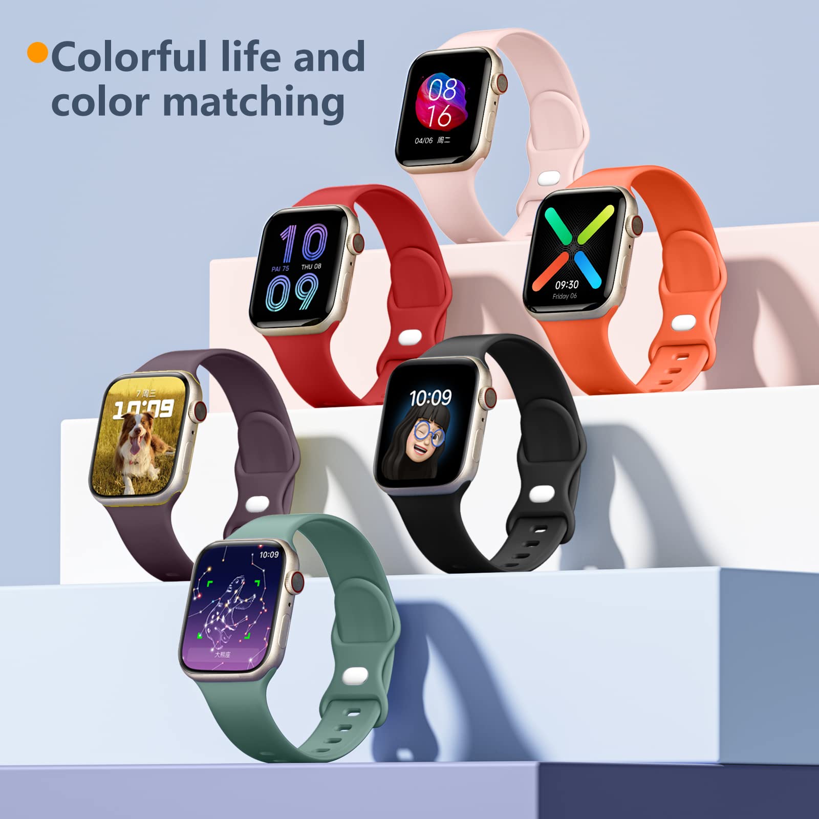 8 Pack Sport Bands for Apple Watch - Soft Silicone Replacement Straps Compatible with Apple Watch Ultra/Ultra 2, Series 10/9/8/7/6/5/4/3/2/1/SE (38mm 40mm 41mm 42mm 44mm 45mm 46mm 49mm) - Waterproof & Comfortable for Women & Men - Perfect for Workouts, Running & Daily Wear