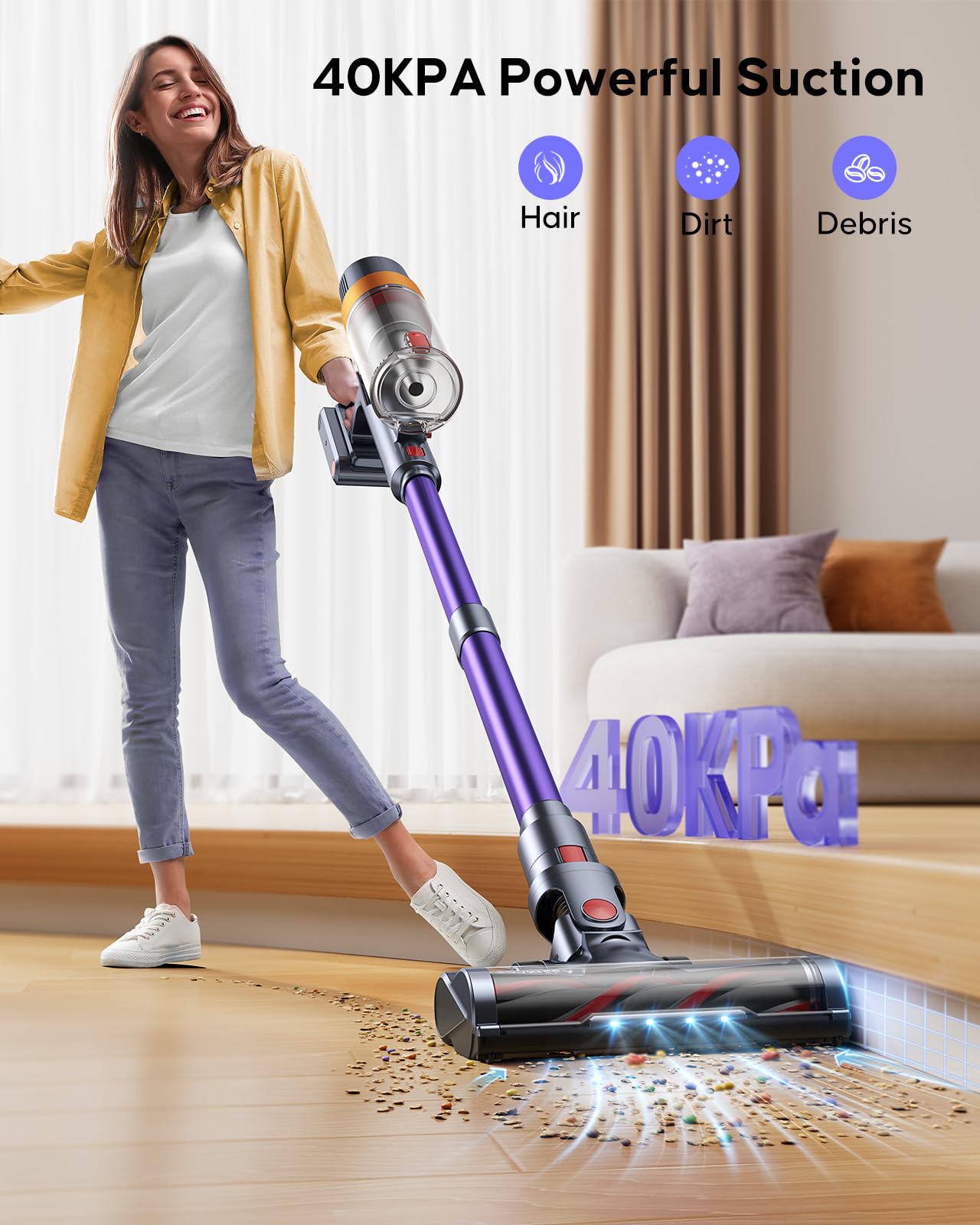 Powerffy Cordless Vacuum Cleaner - 450W/40Kpa Stick Vacuum with 55 Min Runtime, Smart Auto-Sensing Mode, 1.5L Dust Cup & LED Touch Screen - Lightweight for Hard Floors, Carpets & Pet Hair (V8) - Perfect for Home Cleaning & Pet Owners