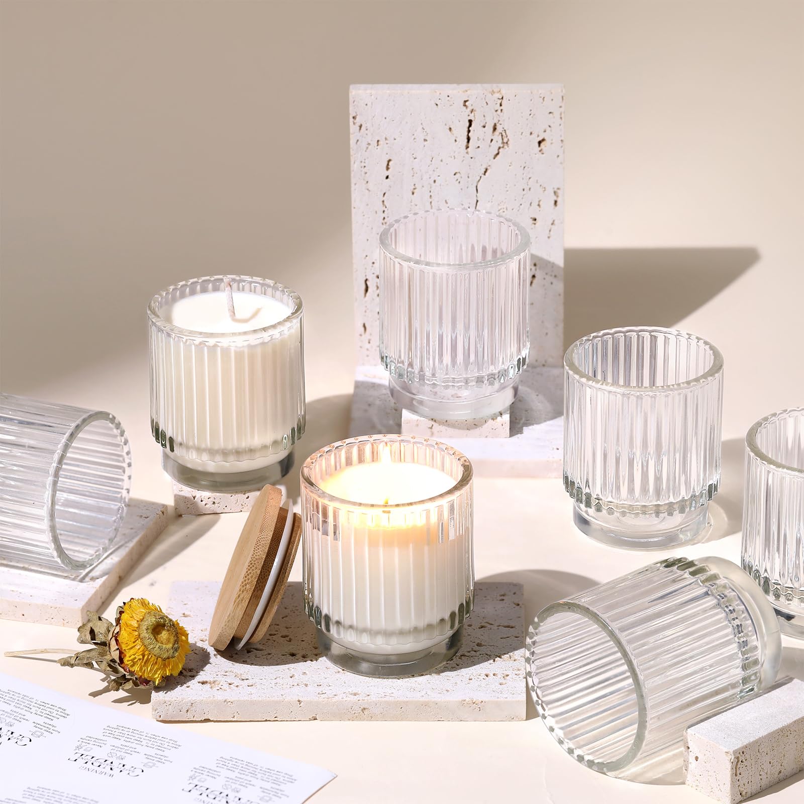 7oz Clear Ribbed Glass Candle Jars with Bamboo Lids - Set of 8 Bulk Empty Candle Containers for DIY Candle Making, Wedding Favors & Home Decor - Perfect for Soy Wax, Essential Oils & Gift Packaging