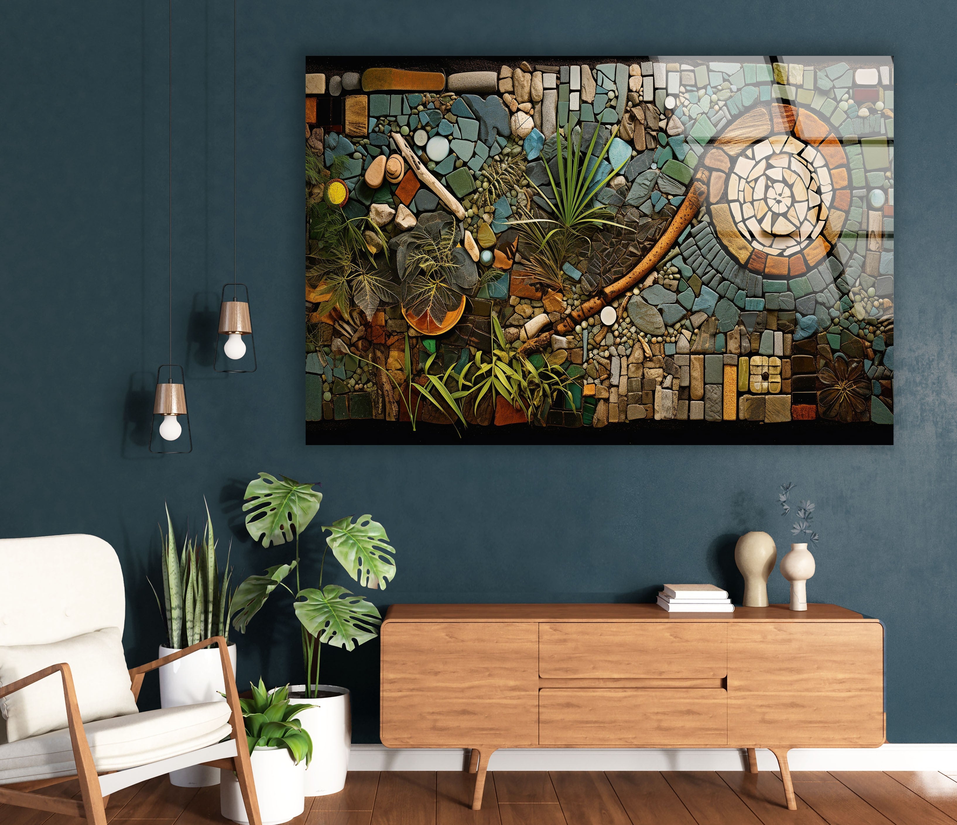 Blue & Brown Stones Glass Wall Art - Handcrafted Modern Home Decor for Living Room, Bedroom, or Office - Elegant Stained Glass Mosaic Panel for Unique Interior Design