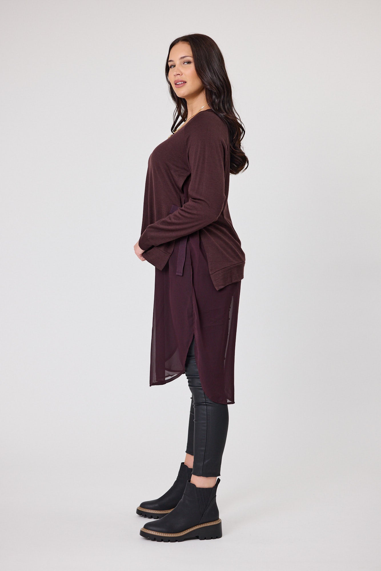 Alpine by Shine On Paris Women's Merino Wool & Chiffon Blend Tunic Top in Chocolate Brown - Perfect for Casual Outings & Office Wear