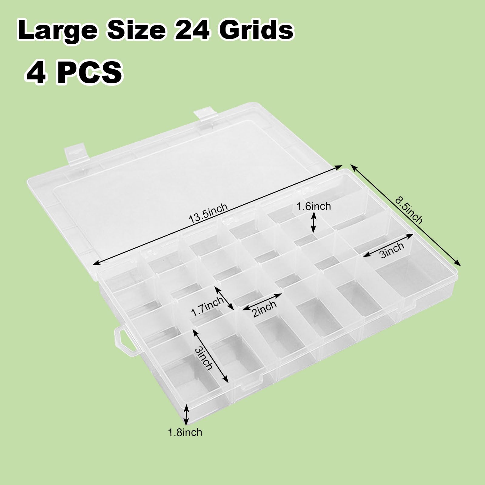 4-Pack Large 24-Grid Plastic Organizer Box with Adjustable Dividers - Clear Storage Container for Fishing Tackle, DIY Crafts, Beads, Jewelry & Office Supplies - Perfect for Art Projects, Home Organization & Travel Accessories