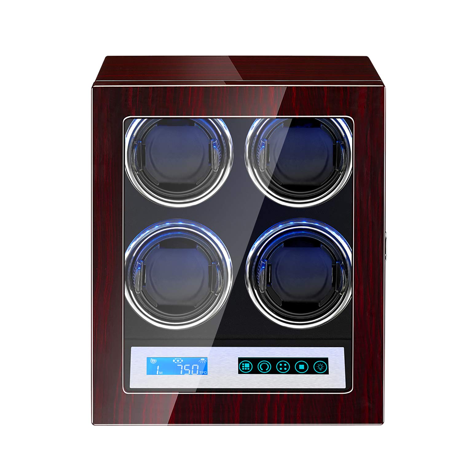 JQUEEN 4 Watch Winder with Piano Finish & High-Gloss Lacquer - Upgraded Adjustable Watch Pillows, Quiet Japanese Mabuchi Motor, Built-in LED Illumination (Red+Black) - Perfect for Automatic Watch Storage & Display in Home, Office, or Collection