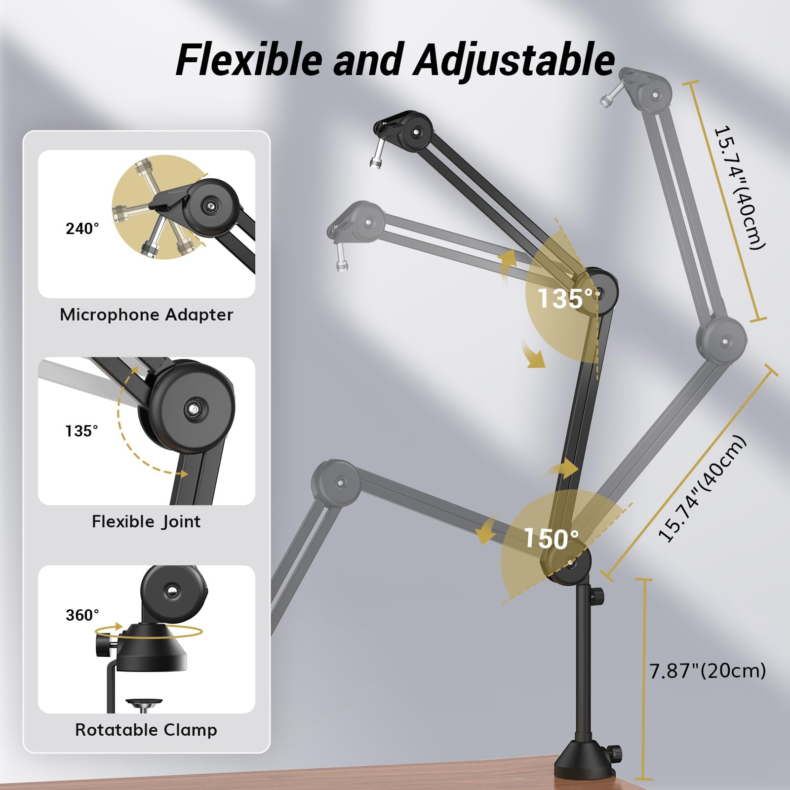 TONOR Blue Yeti Microphone Boom Arm Stand - Fully Adjustable Desk Mount with High Riser for HyperX, Rode, Razer & Elgato Mics - Perfect for Podcasting, Streaming, Gaming & Home Office Recording (Model T50) | Studio & Content Creation Setup