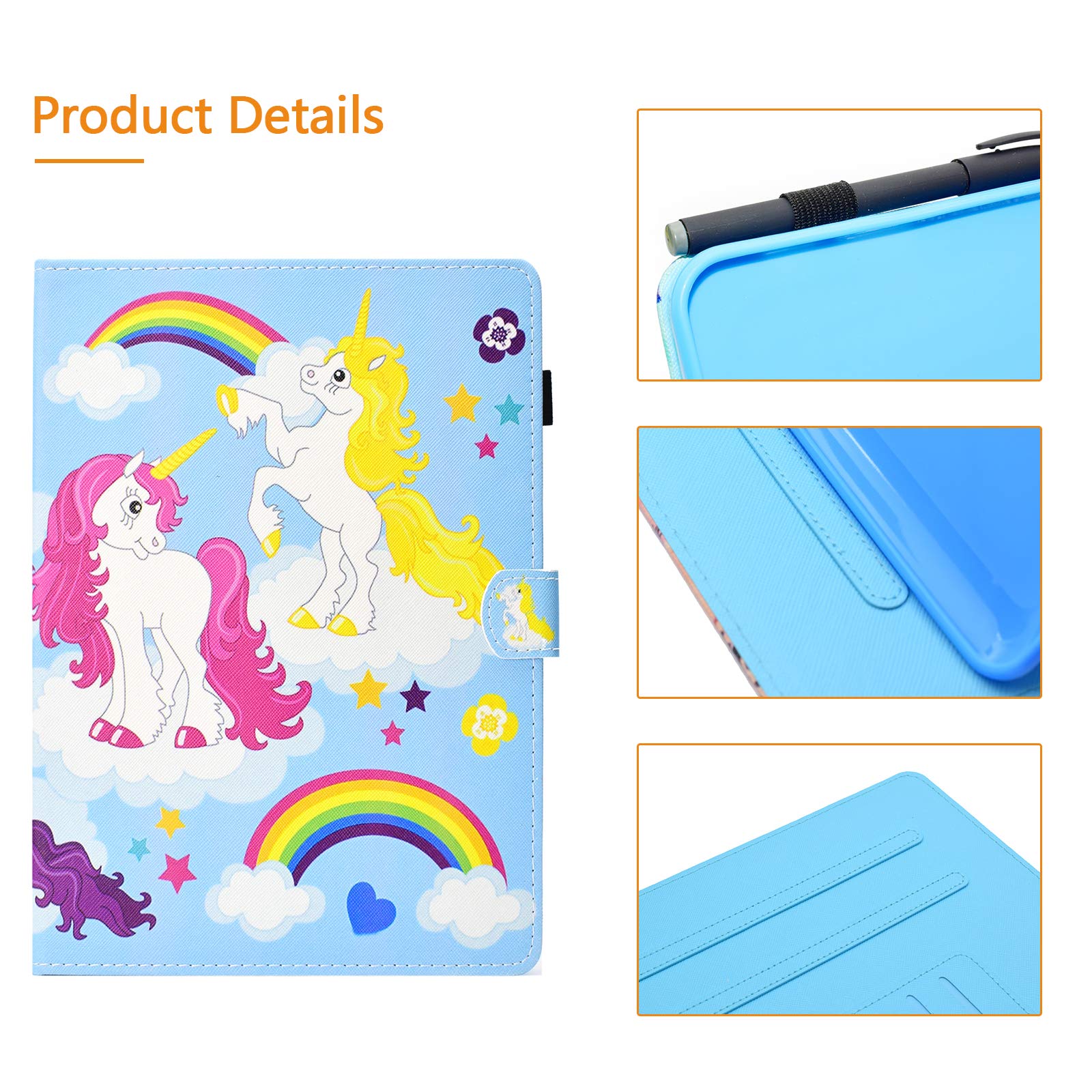 Premium PU Leather Folio Case for Apple iPad 9.7 Inch (6th/5th Gen & iPad Air 1/2) - Shockproof Stand Cover with Pencil Holder & Auto Sleep/Wake Feature - Rainbow Unicorn Design - Perfect for Work, School & Travel