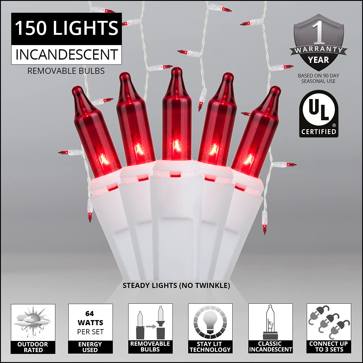 150 LED Red Icicle Christmas Lights - 8.5 ft Outdoor Holiday String Lights with White Wire for House, Roof, and Window Decorations - Perfect for Christmas, Winter, and Party Decor
