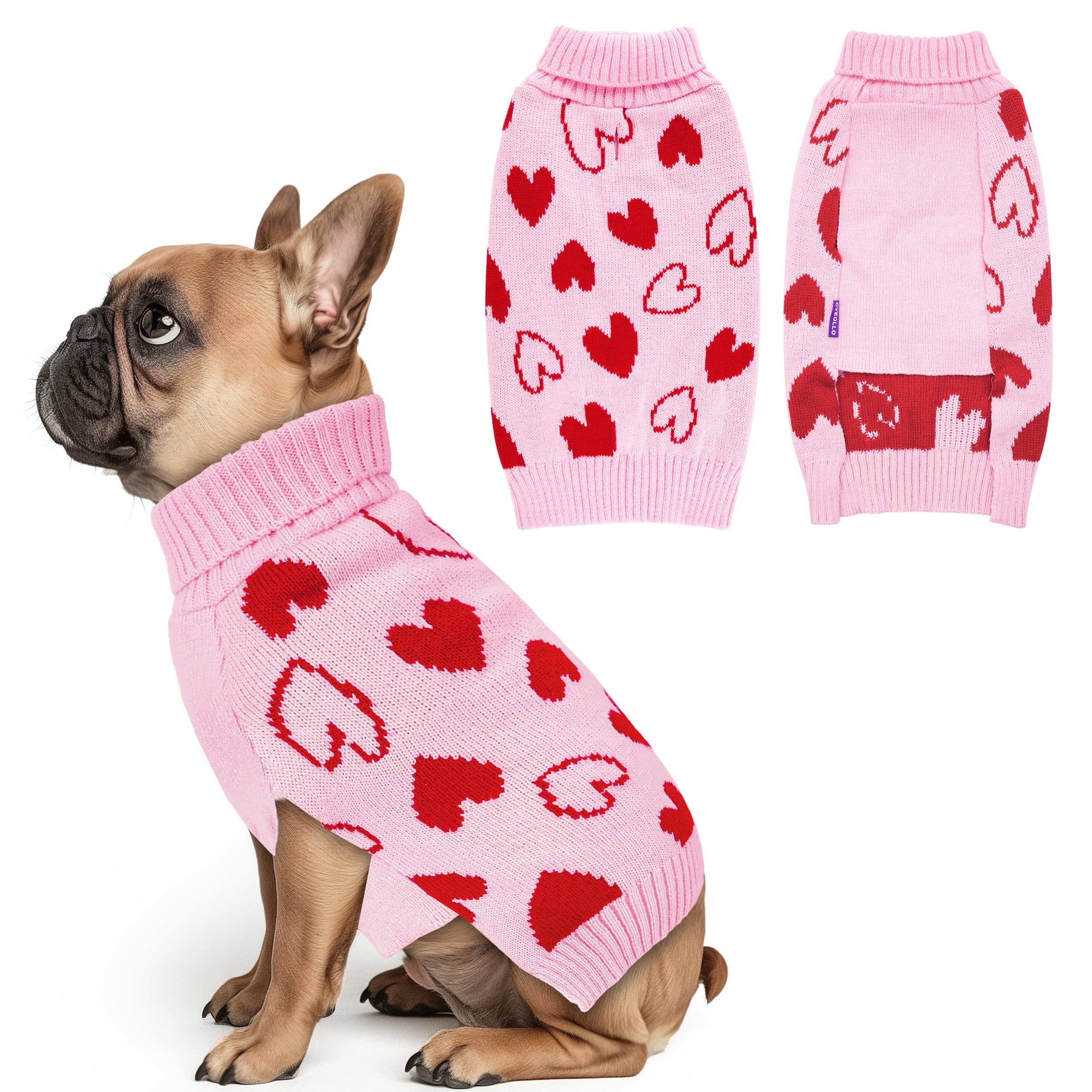 Cute Valentines Day Dog Sweater with Leash Hole - Pink Heart Pattern Turtleneck Pullover Pet Apparel for Small Dogs | Holiday Outfit for Puppies | Perfect for Valentine's Dates, Christmas Photos & Winter Walks