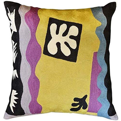 Matisse Gold Embroidered Wool Pillow Cover 18x18 - Farmhouse Chair Cushion, Art Deco Home Decor, Modern Outdoor & Kids Room Pillow Case - Perfect for Living Room Sofa, Patio Furniture and Nursery Decor