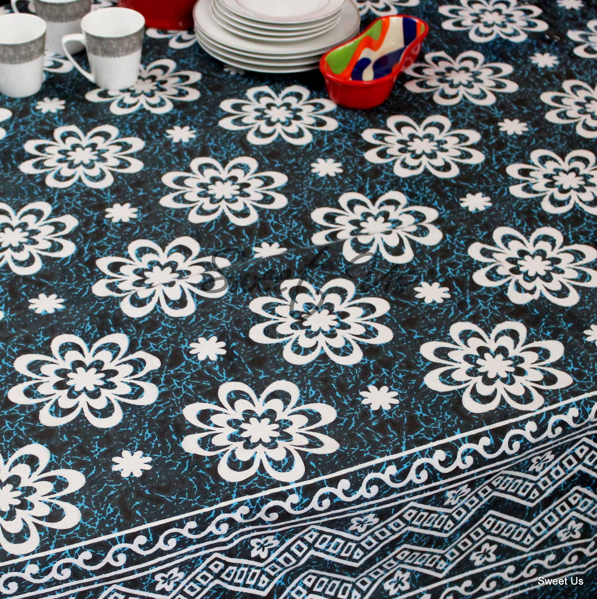Premium Cotton Floral Tablecloth for Rectangle Tables - 70 x 104 Inch White Blue Grayish Brown Vine Pattern Table Cover - Waterproof & Wrinkle-Resistant for Dining Room, Patio, Picnic, Wedding & Outdoor Events