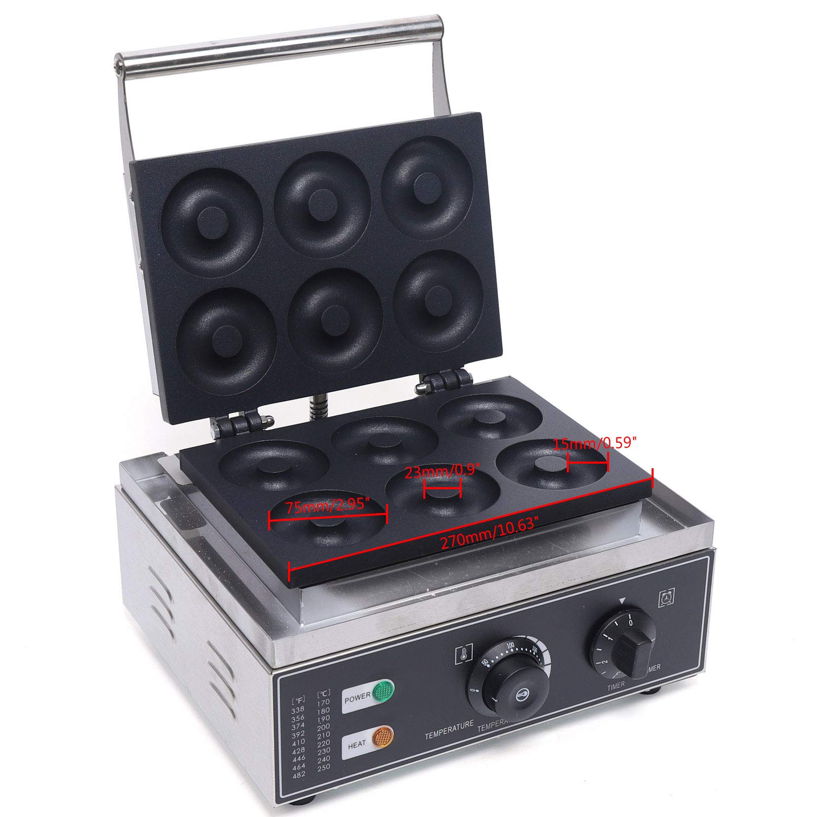Electric Donut Maker Machine - 6 Hole Nonstick Doughnut Baker with Adjustable Temperature 122-572℉, 110V Commercial & Home Use - Perfect for Restaurants, Cafes, Breakfast Buffets and Family Baking