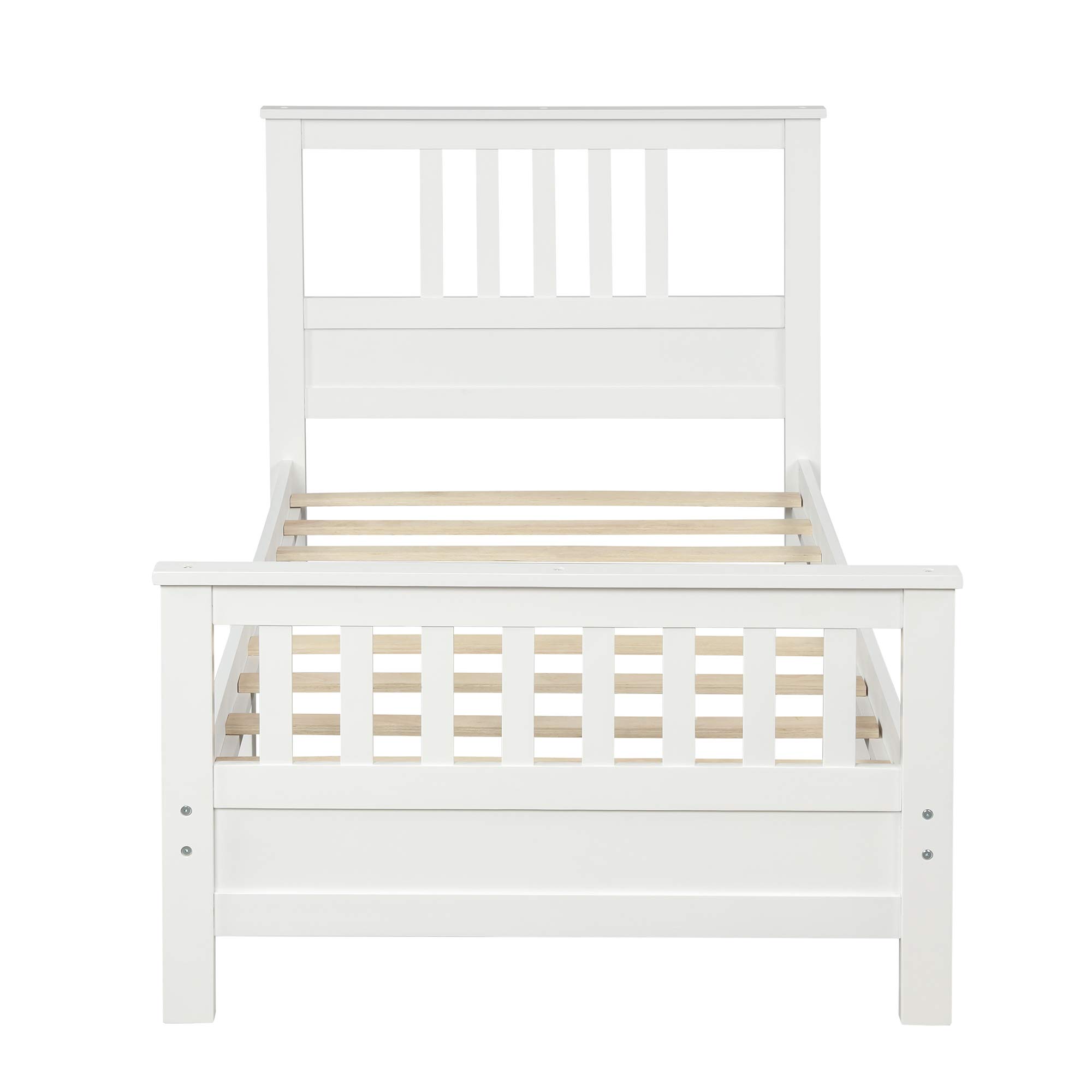 P PURLOVE Twin Size Wooden Platform Bed Frame with Headboard & Footboard - Sturdy Wood Slat Support - White Finish - Perfect for Kids Rooms, Guest Bedrooms & Small Spaces