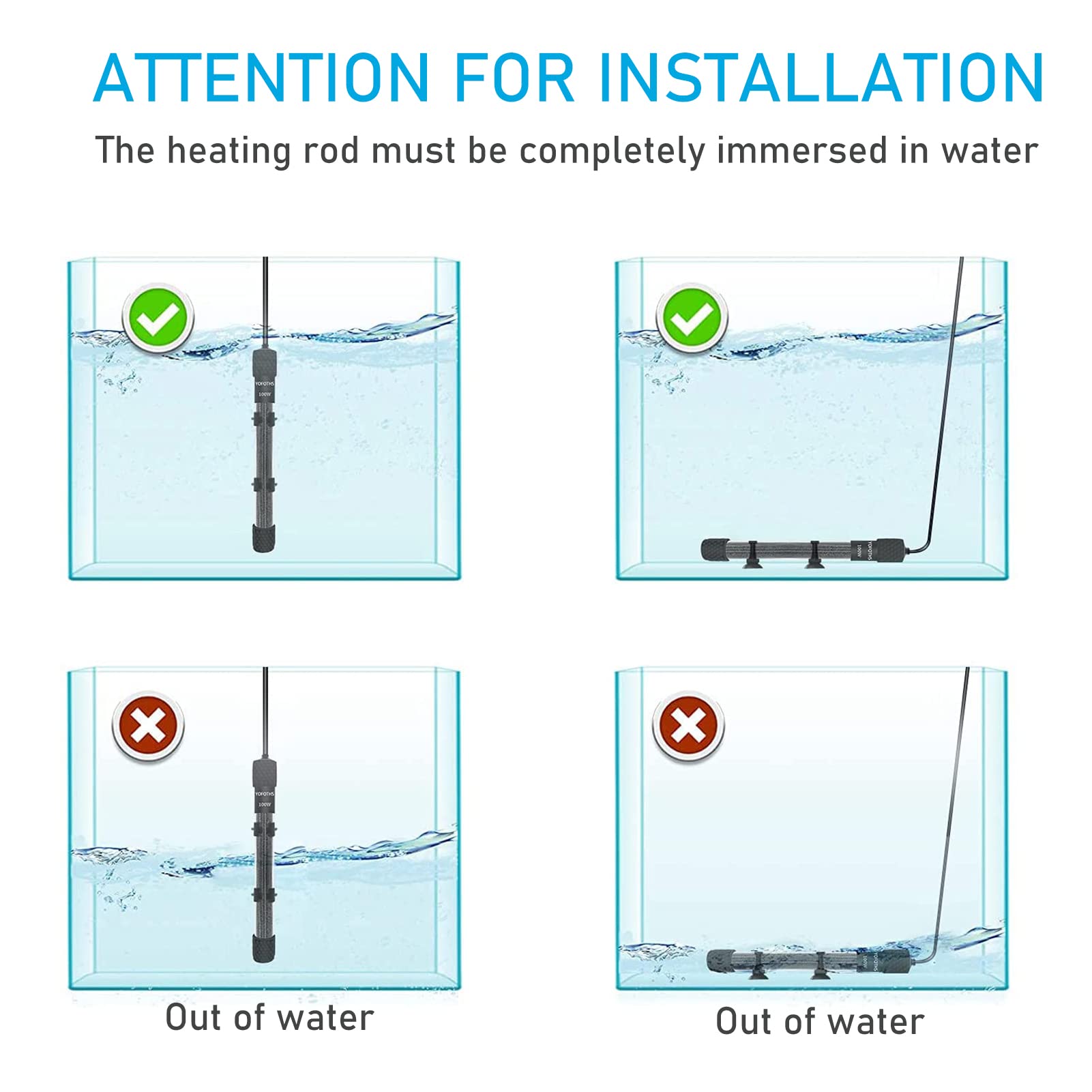 YukiHalu Small Submersible Aquarium Heater - Adjustable Mini Fish Tank Heater 25W 50W 100W 200W 300W with External Temperature Controller & LED Display for 5-60 Gallon Tanks (25W) - Perfect for Tropical Fish, Betta Tanks & Home Aquariums
