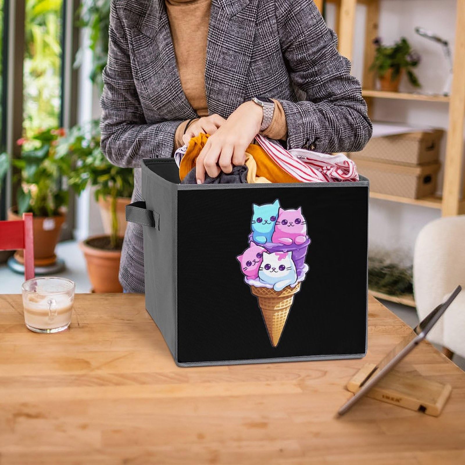 Foldable Storage Cubes for Ice Cream Cat - Square Storage Baskets with Handles, 1PC - Perfect for Home Organization, Closet, Office & Kids Room Storage