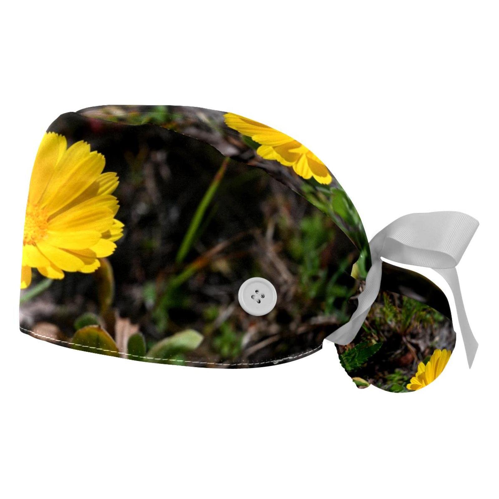 Yellow Flower Surgical Scrub Hats for Women & Men - 2 Pack Breathable Long Hair Working Caps with Button Closure & Sweatband | Great for Nurses, Doctors, Dentists & Healthcare Professionals