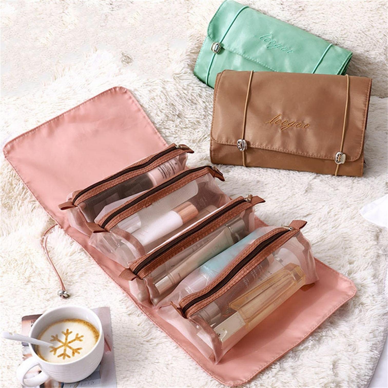 4 in 1 Foldable Makeup Bag with Removable Compartments - Travel Cosmetic Organizer, Mesh Toiletry Bag for Women - Perfect for Vacation, Gym & Daily Essentials Storage