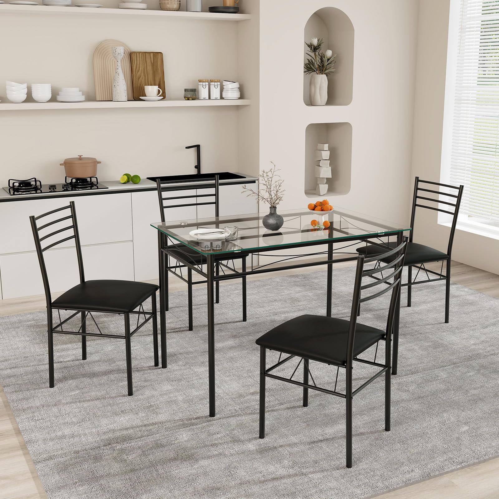 NAFORT 5-Piece Modern Dining Table Set with Tempered Glass Top & 4 Upholstered Chairs - Space Saving Kitchen Table for Small Apartments, Breakfast Nook, Office or Dorm Room - Sturdy Metal Frame & 3/8