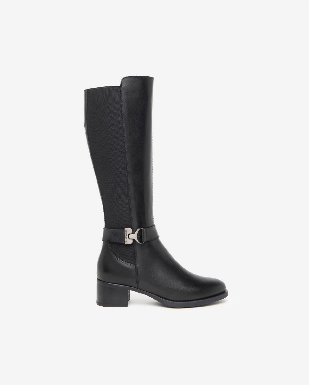 Black Genuine Leather Stretch Buckle Knee High Boots for Women - Comfortable Fashion Booties for Fall, Winter & Casual Outfits