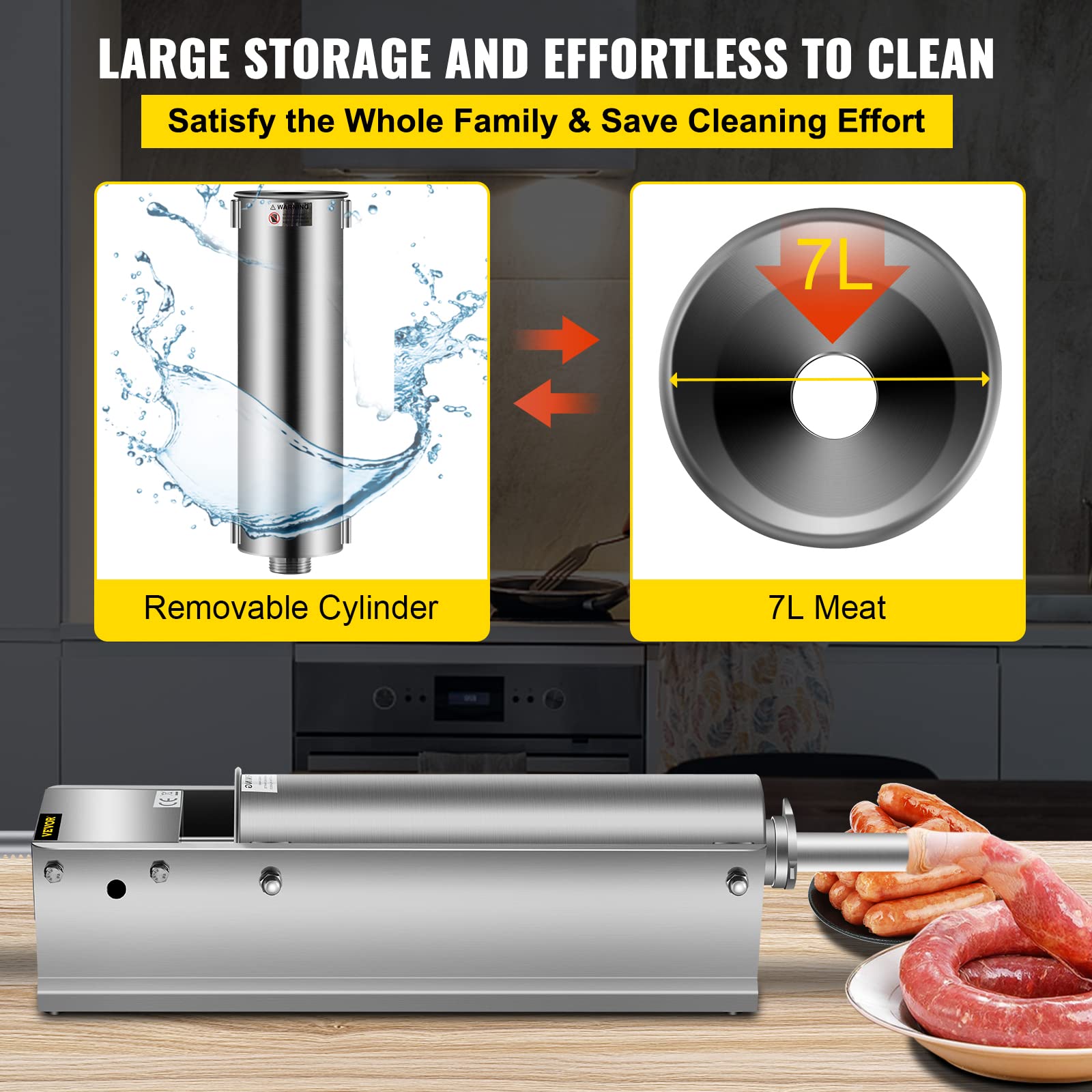Happybuy 7L/15Lbs Manual Sausage Stuffer Machine - Stainless Steel Horizontal Sausage Maker with 5 Filling Nozzles for Home Kitchen & Commercial Use - Perfect for Making Homemade Sausages, Burgers, and Meat Stuffing