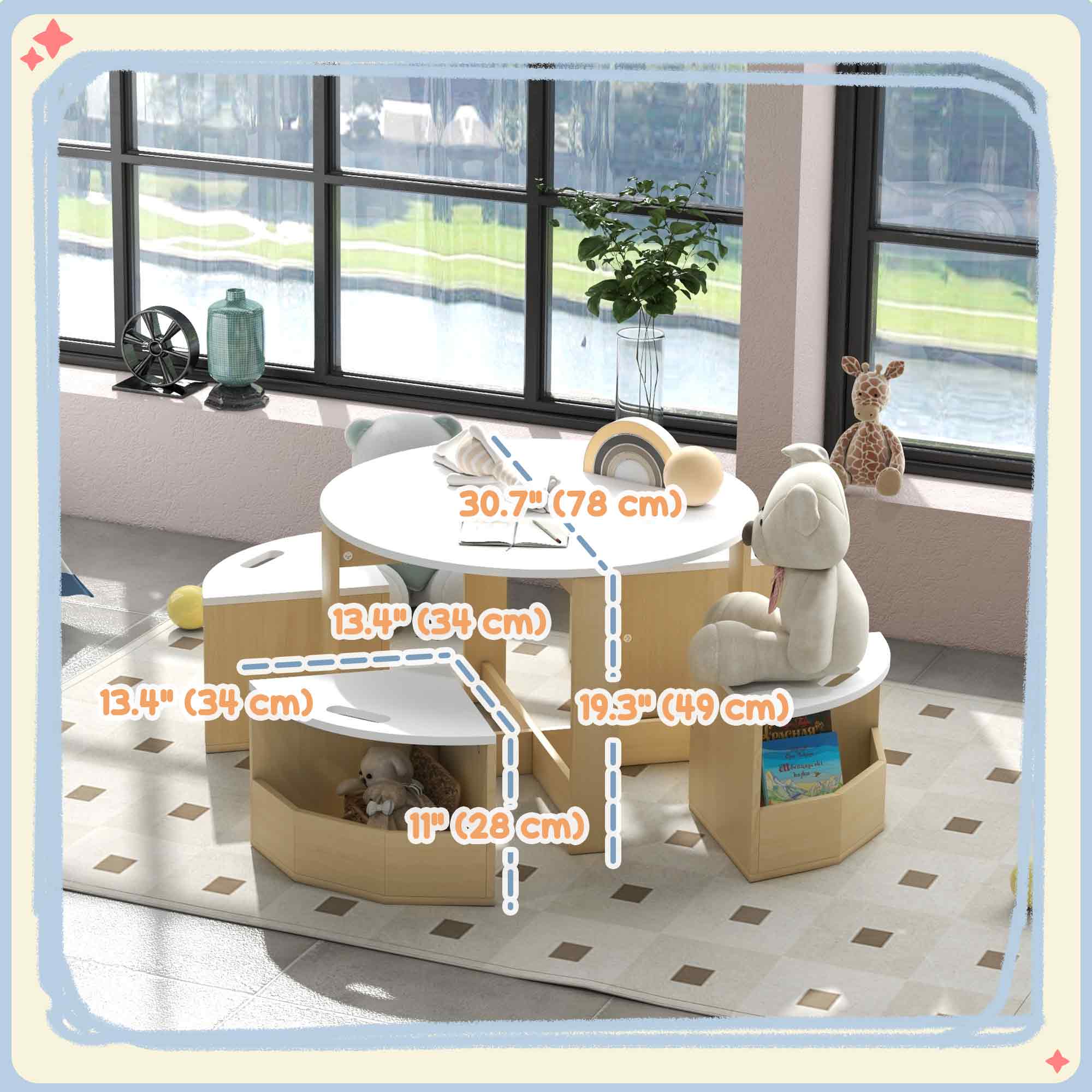 Qaba 5-Piece Kids Table and Chair Set with Storage - White Children's Furniture for Playroom, Learning & Arts & Crafts Activities