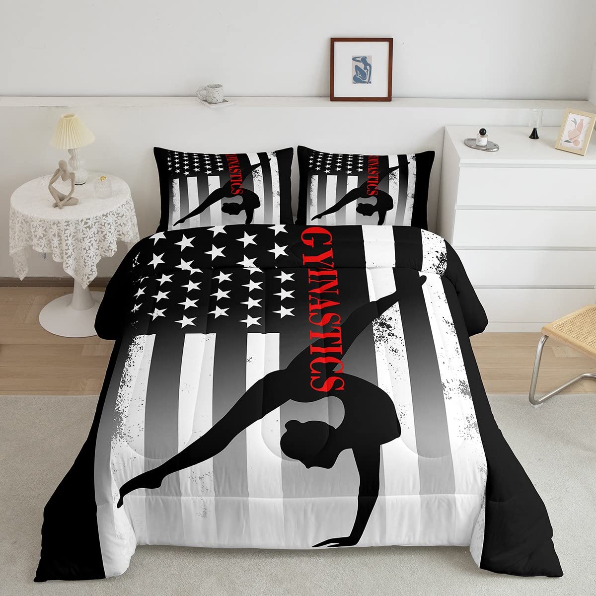 American Flag Gymnastics Comforter Set - Full Size Bedding for Gymnast Girls, Kids & Teens - Sport Theme Down Comforter in Black & White - Perfect for Gymnastics Lovers' Room Decor & Sports Game Themed Bedrooms