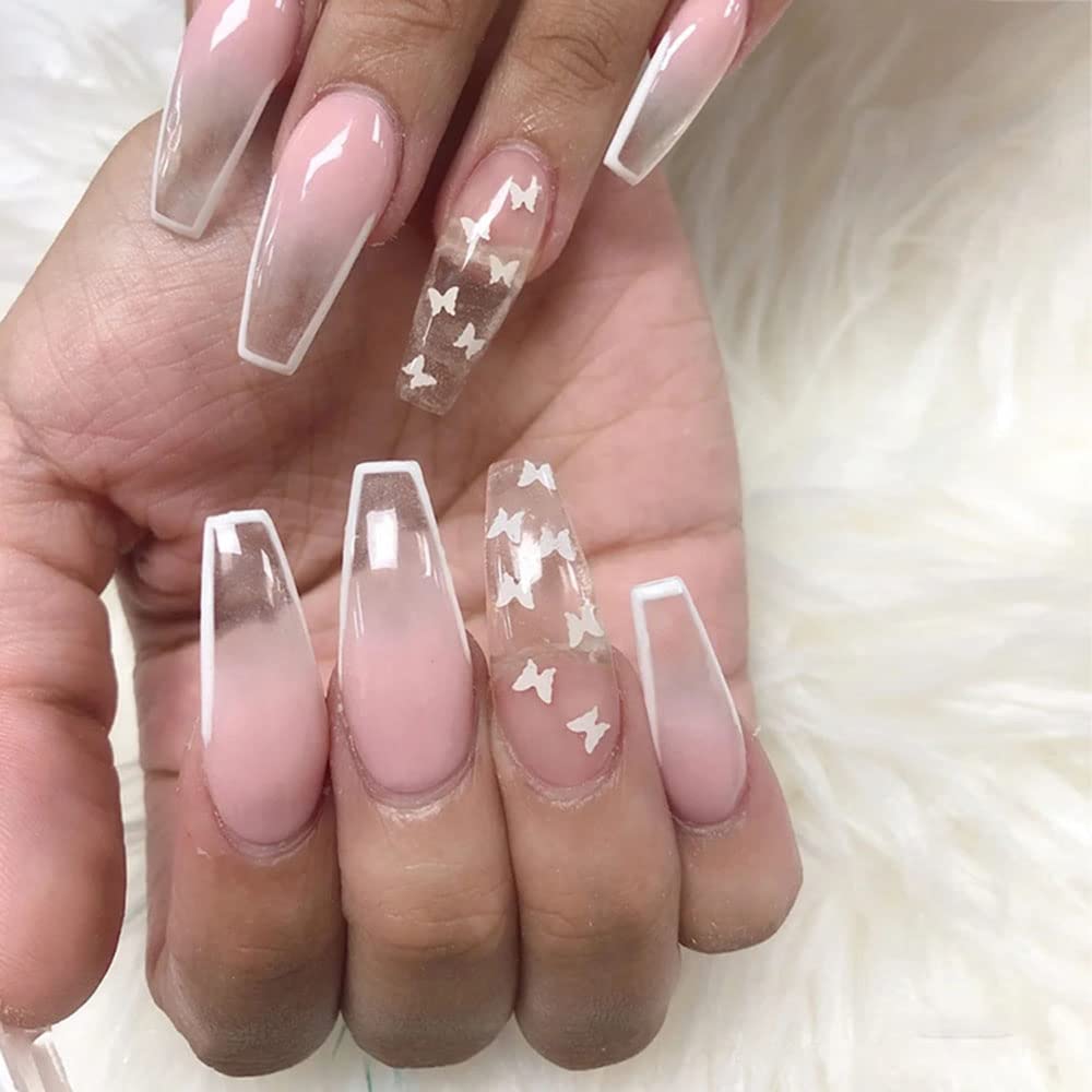 SINLOV 24pcs Coffin Press on Nails - Nude Gradient False Nails with Butterfly Design, Long Ballerina Artificial Nails for Women & Girls, Full Cover Fake Nails Tips (Pink 5) - Perfect for Parties, Weddings, and Daily Wear