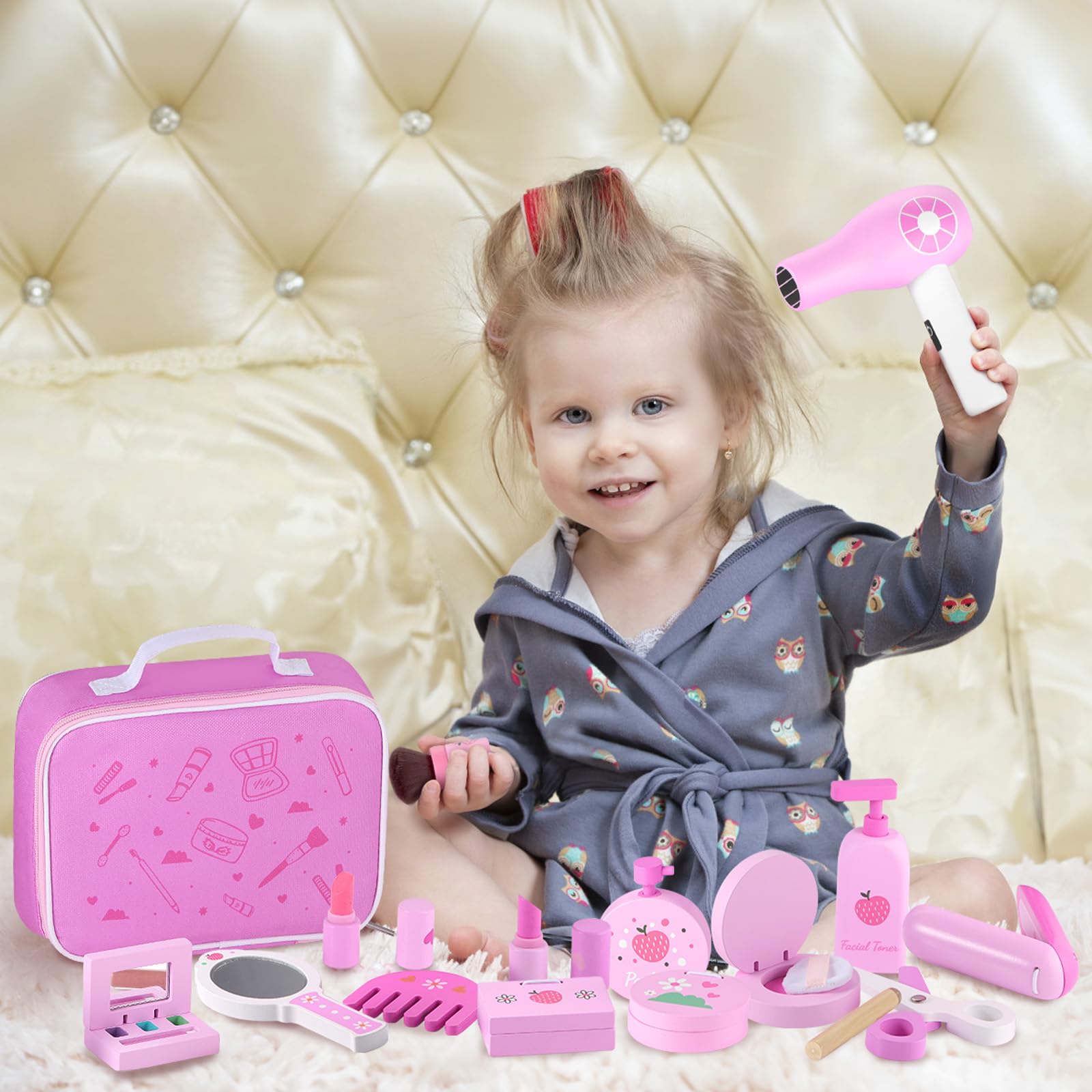 GAGAKU Wooden Kids Makeup Set - Montessori Fake Makeup & Hair Dryer Toy for Girls Dress Up Play