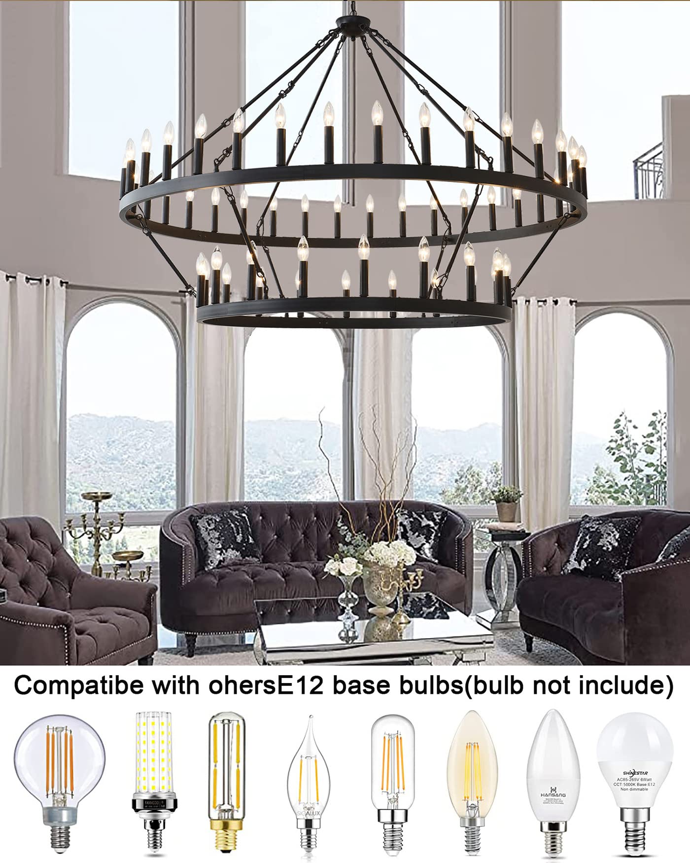 60 Inch Large Black Wagon Wheel Chandelier - 2 Tier 54-Lights Farmhouse Industrial Rustic Pendant Light Fixture for Dining Room, Kitchen, Living Room & Bedroom | Perfect for Country Style Home Decor & Cabin Lighting