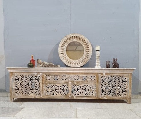 Hand Carved Indian Solid Wood TV Stand with Jali Doors and Shelves, 200x40x55cm - Perfect for Living Room Entertainment Center and Stylish Home Decor