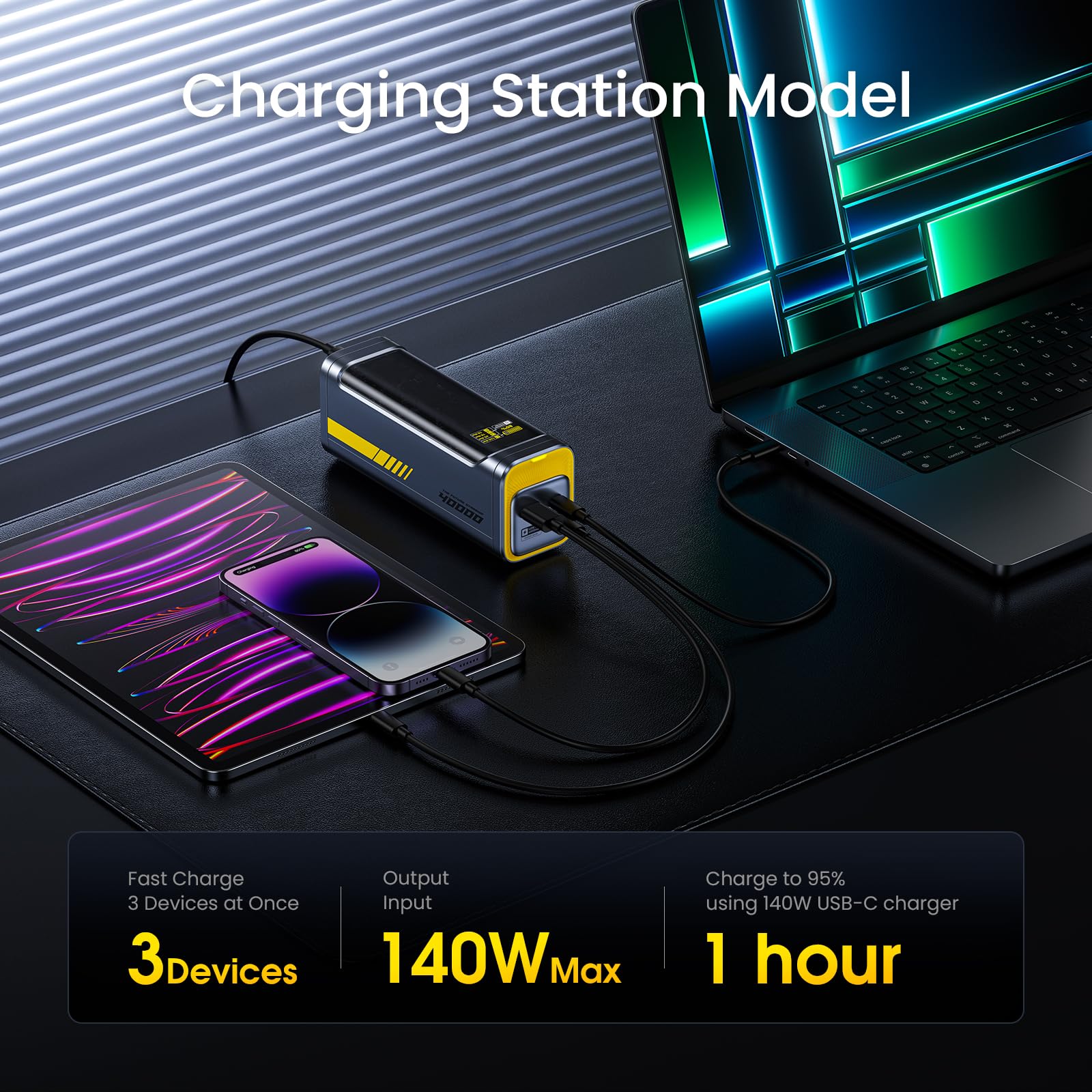 AOHI 140W PD3.1 40000mAh Portable Charger - Fast Charging Power Bank for MacBook Pro/Air, iPad Pro, iPhone 16 Pro Max, Galaxy, Steam Deck | 2-in-1 Laptop & Device Charging Station | Perfect for Camping, Travel & Emergency Power Backup (Grey)