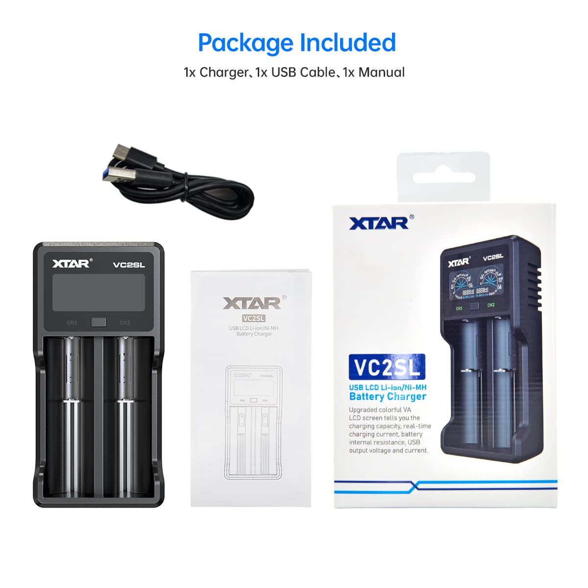 XTAR VC2SL Universal Battery Charger - Fast LCD Smart Charger for Ni-MH, Ni-CD, AA, AAA, Li-ion & IMR Rechargeable Batteries - Perfect for Cameras, Flashlights, and Electronic Devices