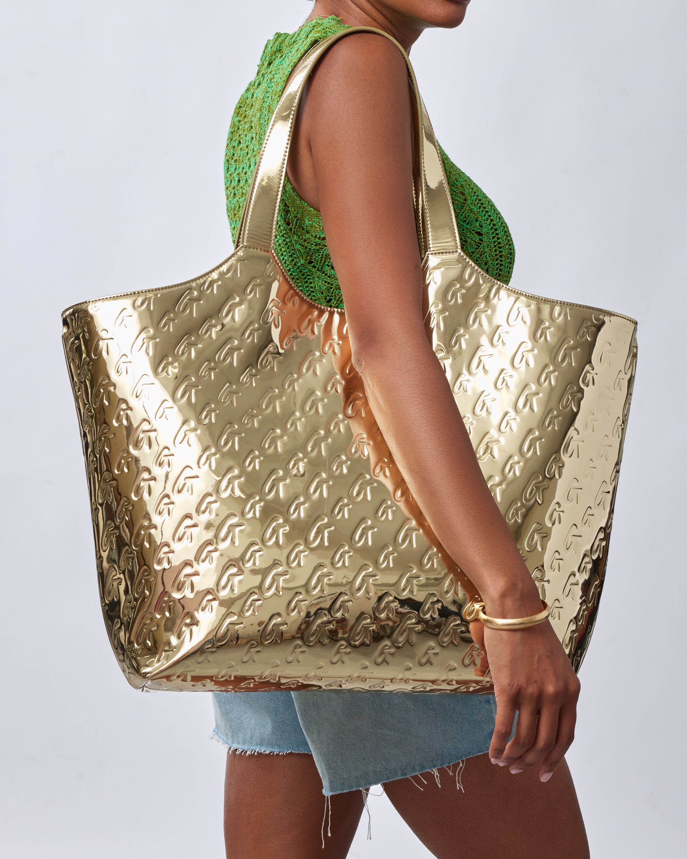 Luxury Metallic Monogram Maxi Tote Bag - Gold Shiny Designer Handbag for Women | Perfect for Work, Travel & Shopping