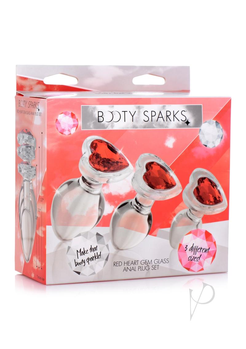 Booty Sparks Red Heart Gem Glass Plug Set - 3 Piece (S/M/L) - Red & Clear - Perfect for Valentine's Day, Bachelorette Parties & Sensual Play