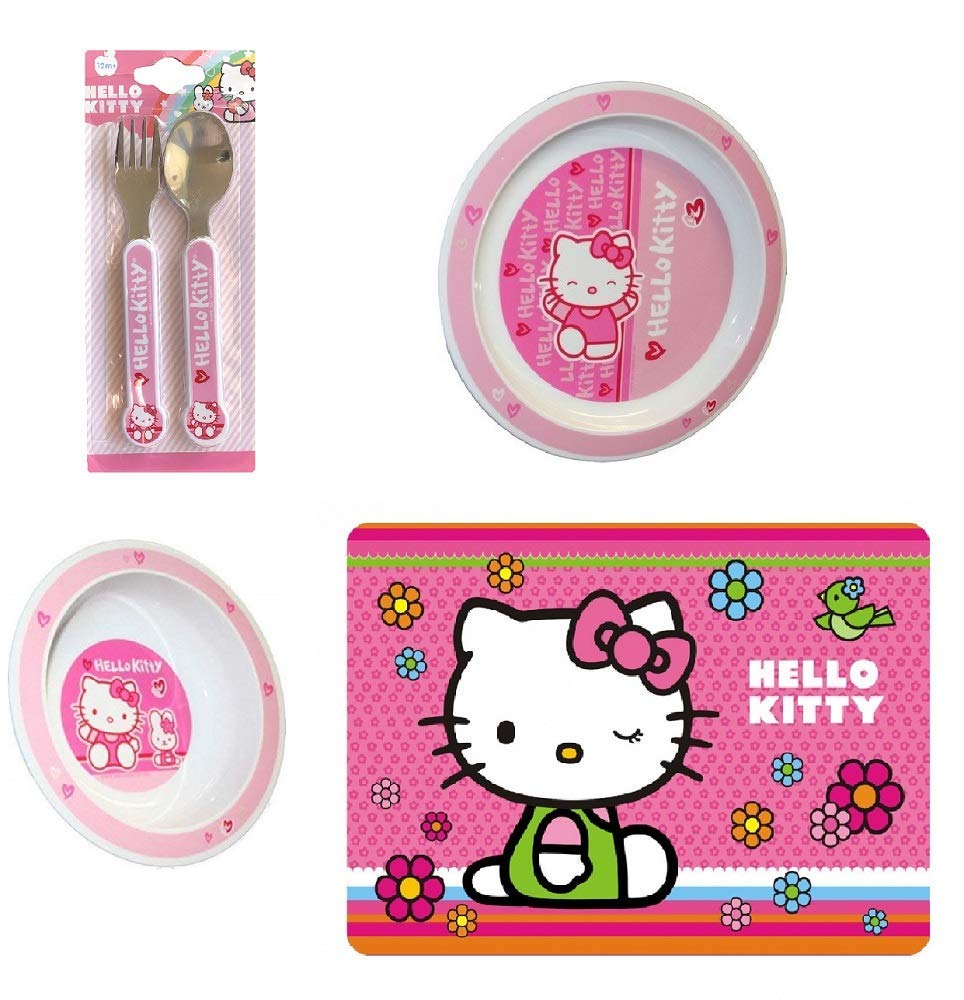 Hello Kitty Tableware Set - 4-Piece Dinner Plate, Bowl, Stainless Steel Cutlery & Placemat for Kids | Kawaii Kitchen Accessories for Birthday Parties, Tea Time & Cute Dining Decor